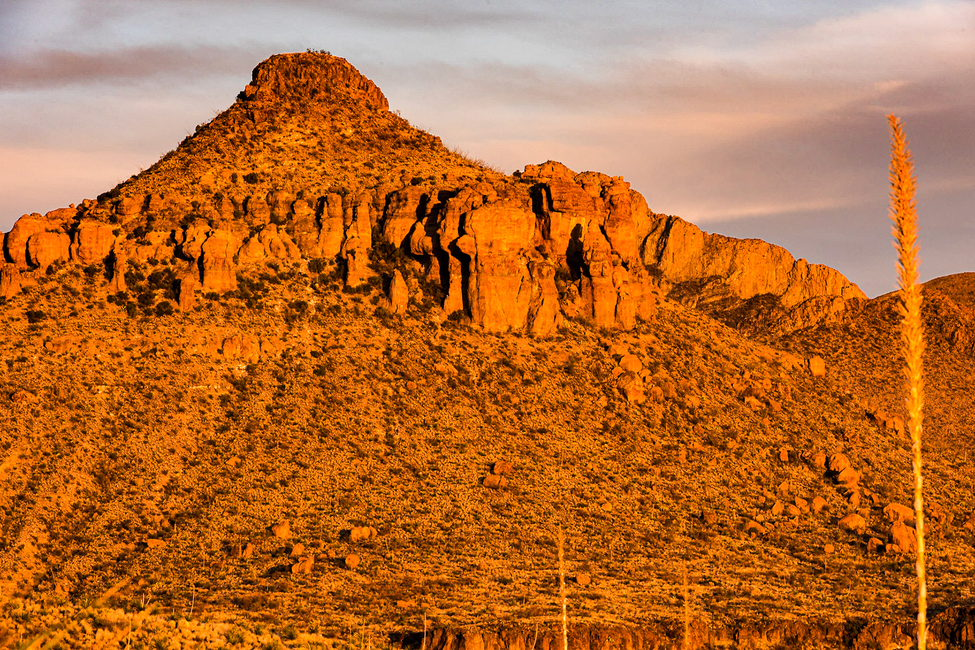 Carousel Mountain gets its name from the large rock formations that circle the central peak, like cars on a carousel. I photographed it looking east from the Sotol Vista Overlook at sunset. The light was redder than usual because of a fire to the west of the overlook.Date: 15 March 2016Location: Big Bend National Park, Texas, United StatesOriginal resolution: 36 MPProcessing: Processed from RAW using Adobe Photoshop Lightroom Classic CC 7