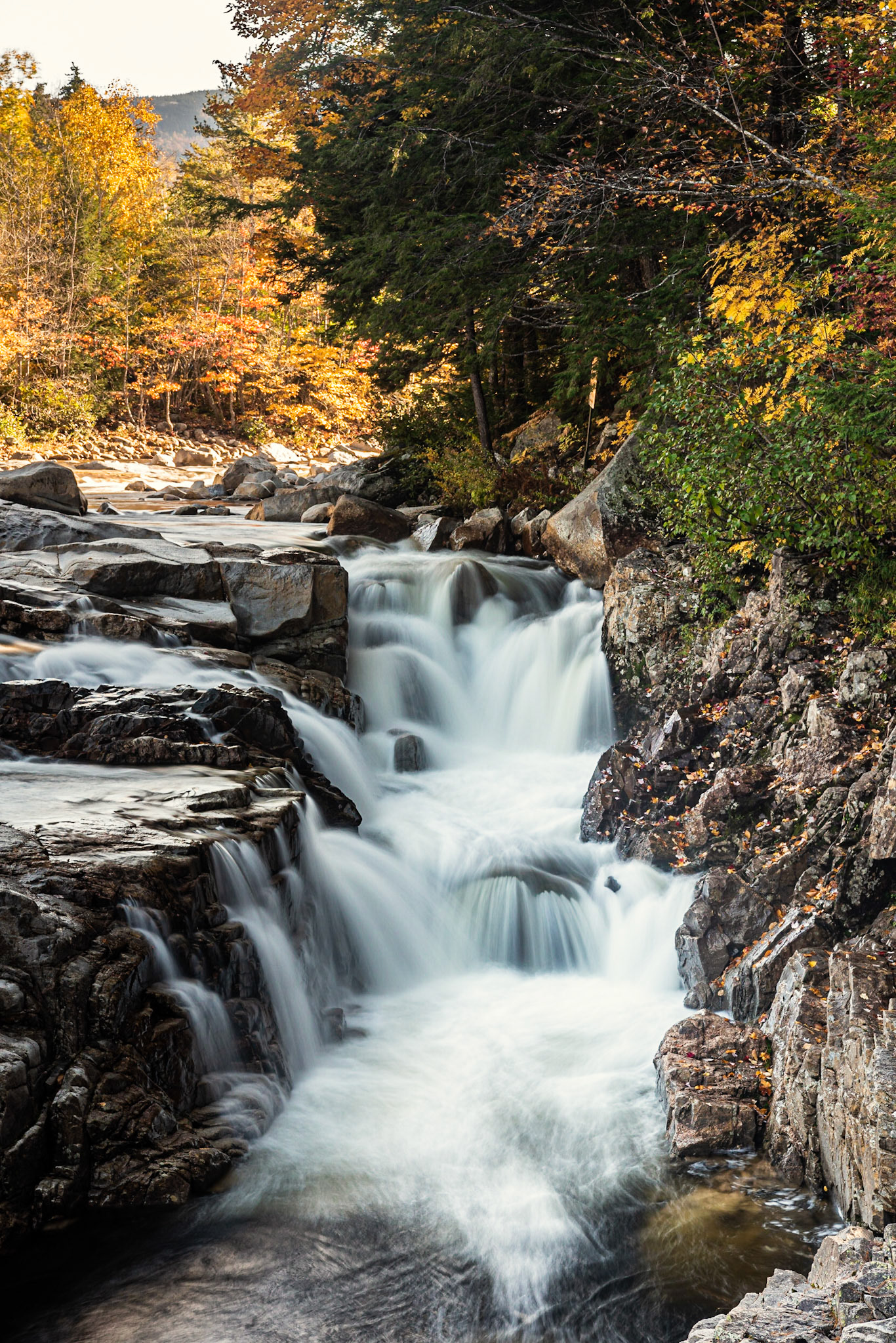 Rocky Gorge, which sits off the Kancamagus Highway, is photographed by most travelers on the Kanc since access is so easy, but it brings a number of challenges to taking a good photograph. Since the falls sit in the shade, bringing in the fall color in the distance requires use of a graduated neutral density filter to keep from blowing out that part of the image. I used a polarizing filter to reduce reflections on the water and slow down the exposure so that the moving water is blurred.Date: 10 October 2018Location: White Mountain National Forest, New Hampshire, United StatesOriginal resolution: 36 MPProcessing: Processed from RAW using Adobe Photoshop Lightroom Classic CC 7