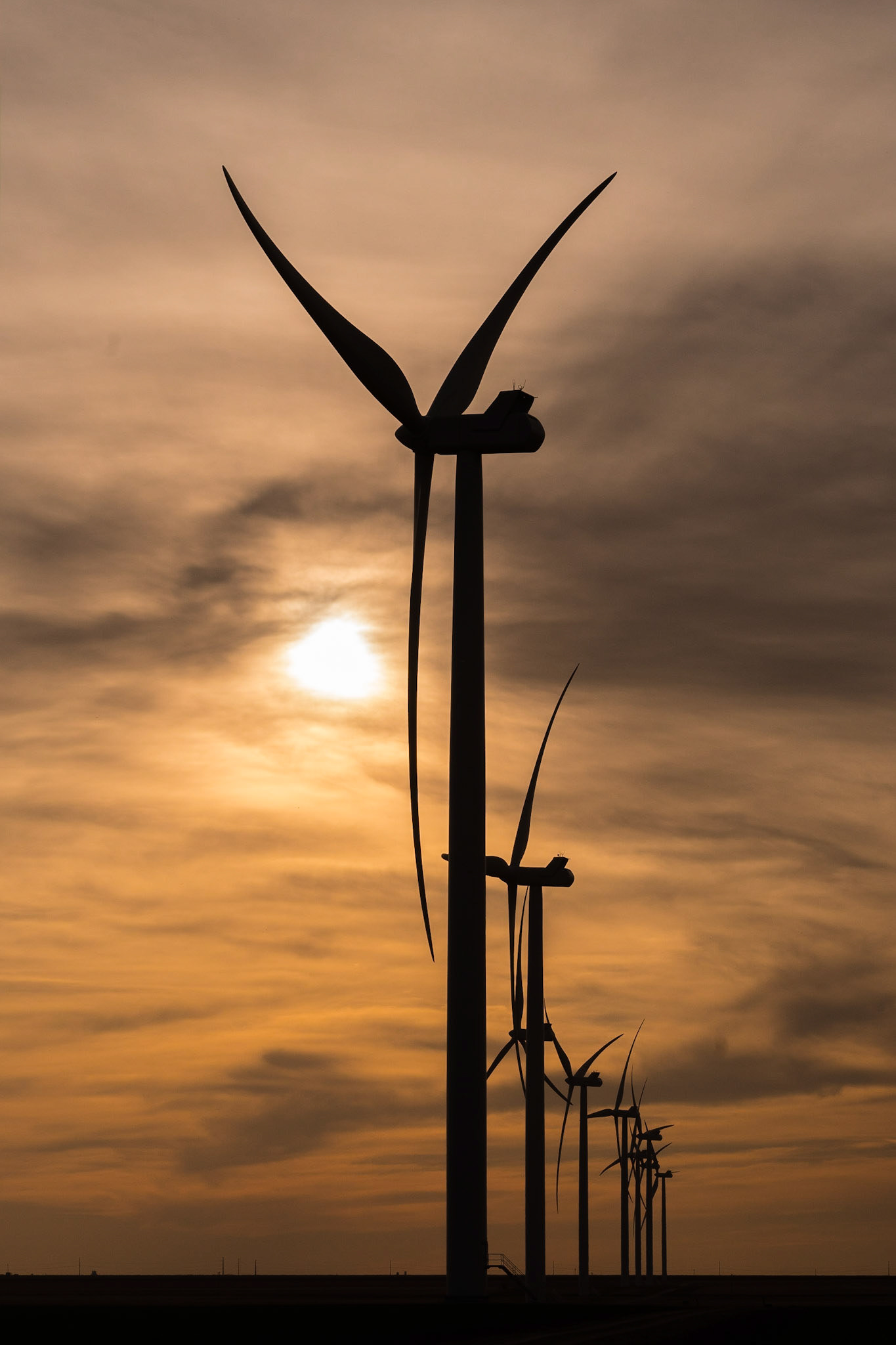 We were driving through Floyd County in the Texas Panhandle when we came across the South Plains Wind Farm. I was playing around with different angles and lenses when I discovered this particular shot, with its vanishing perspective line.Phase II of the South Plains Wind Farm in Floyd County, Texas, consists of 91 Vestas V117 3.3 MWe, 91.5-meter, wind turbine generators, producing a rated output of 300 MWe.Date: 16 March 2017Location: Floyd County, Texas, United StatesOriginal resolution: 20 MPProcessing: Processed from RAW using Adobe Photoshop Lightroom 6