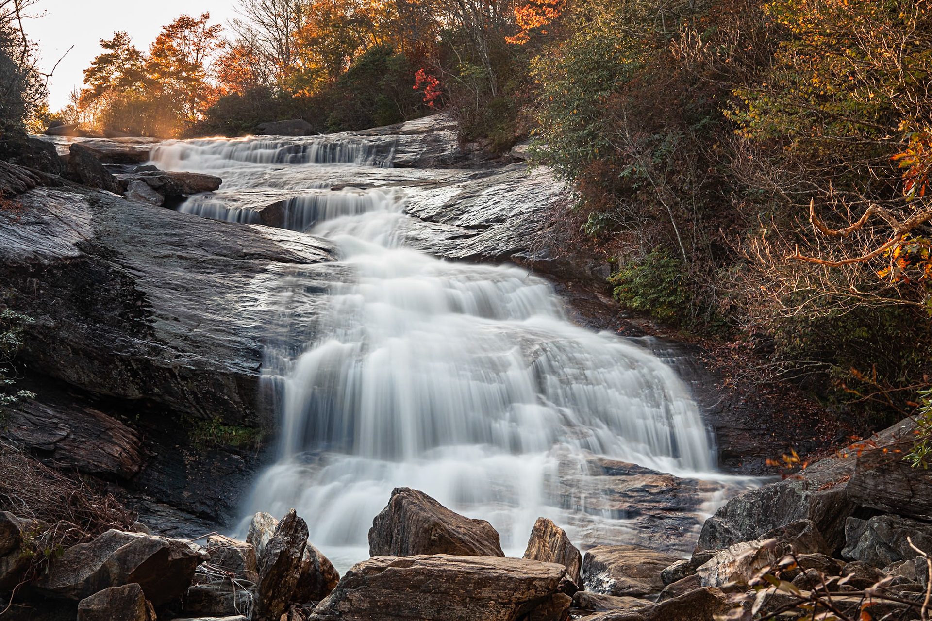Second Falls lies on Yellowstone Prong and sits in the valley just below the Graveyard Fields overlook on the Blue Ridge Parkway. The parking lot was packed most of the day, but we found a spot late in the day and arrived at the base of the falls just as the sun was lighting up the top of the falls.Date: 10 October 2021Location: Haywood County, North Carolina, United StatesOriginal resolution: 45 MPProcessing: Processed from RAW using Adobe Photoshop Lightroom Classic 11