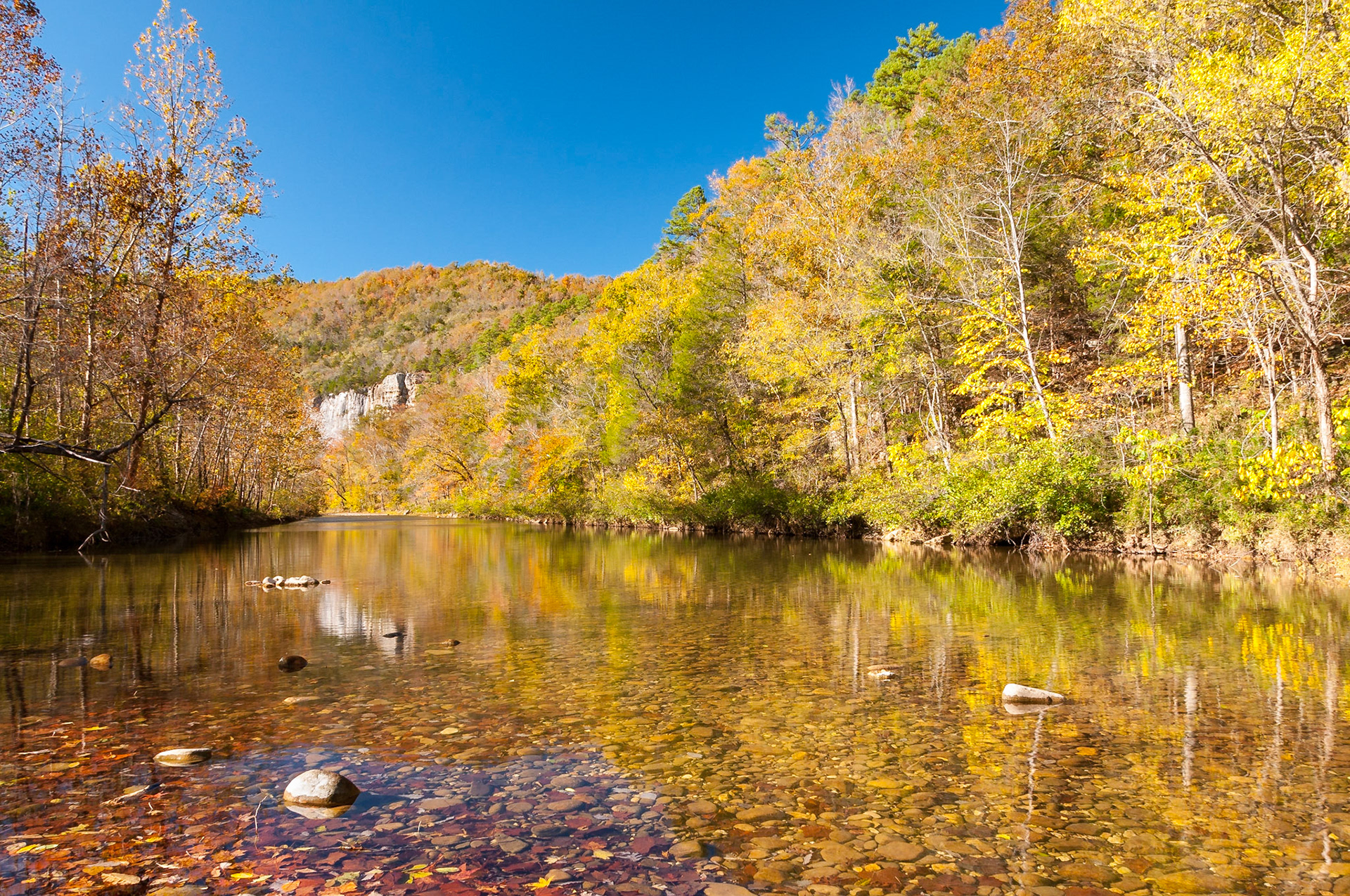 The Buffalo River loops past Roark Bluff at Steel Creek Campground. The bluff rises about 600 feet above the river.Date: 26 October 2010Location: Newton County, Arkansas, United StatesOriginal resolution: 6 MPProcessing: Processed from RAW using Adobe Photoshop Lightroom 6