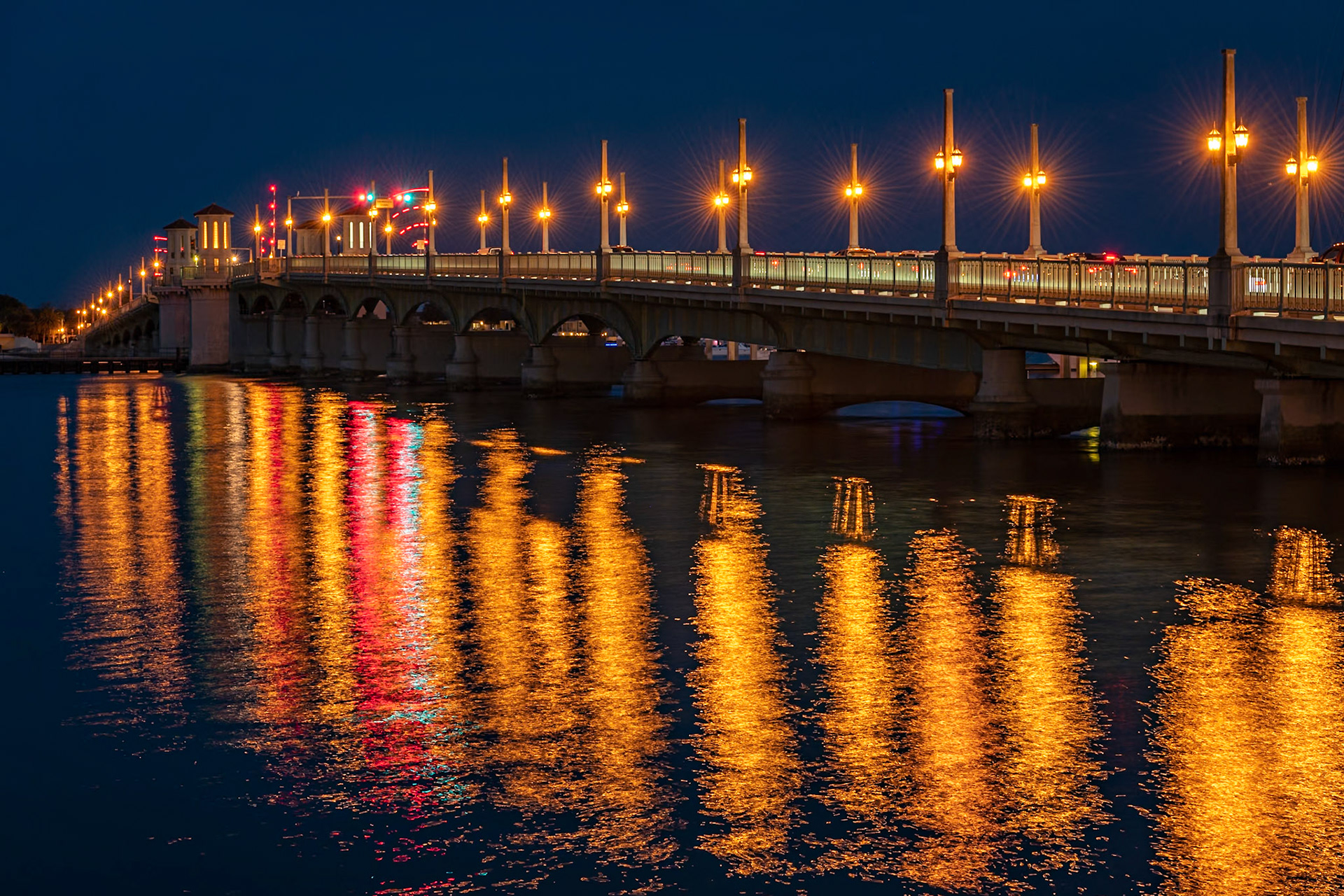 I wanted to photograph the Bridge of Lions after seeing other photos of the bridge at night. The structure dates to 1927 and is famous for the lion statues on the western approach. I chose this view of the bridge from the northwest. I tried a number of different compositions, including some with streaming car tail liights, but I liked this one the best, with the cars stopped on the bridge just as the drawbridge lights turn from red to green.Date: 19 March 2022Location: St. Augustine, Florida, United StatesOriginal resolution: 45 MPProcessing: Processed from RAW using Adobe Photoshop Lightroom Classic 12