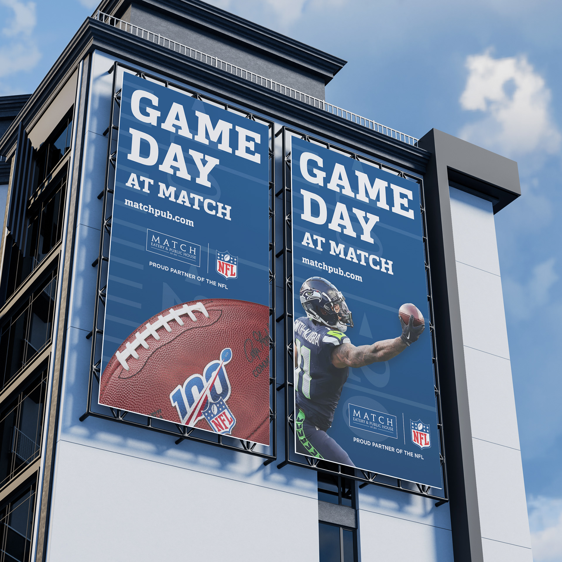 Two "Game Day at Match" building-mounted banners, one with an NFL football, one with a Seattle Seahawks player