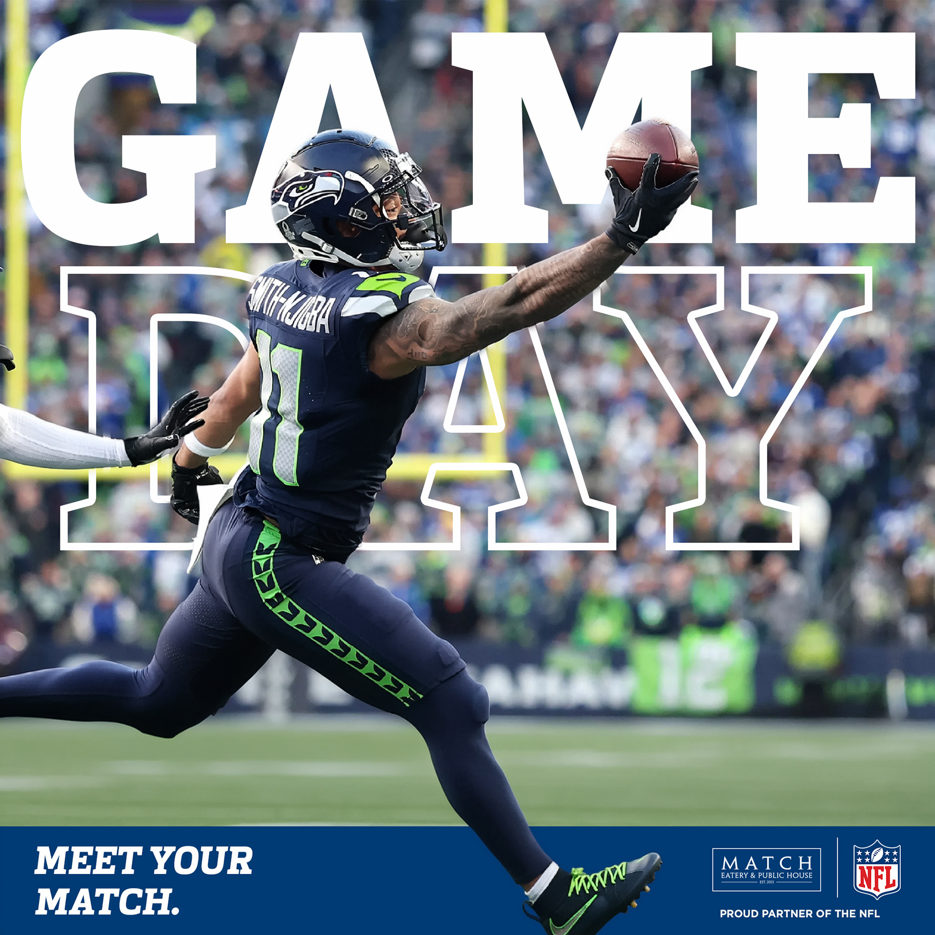 Seattle Seahawks receiver reaching for a catch, "Game Day at Match" text overlay with Match x NFL partner logo