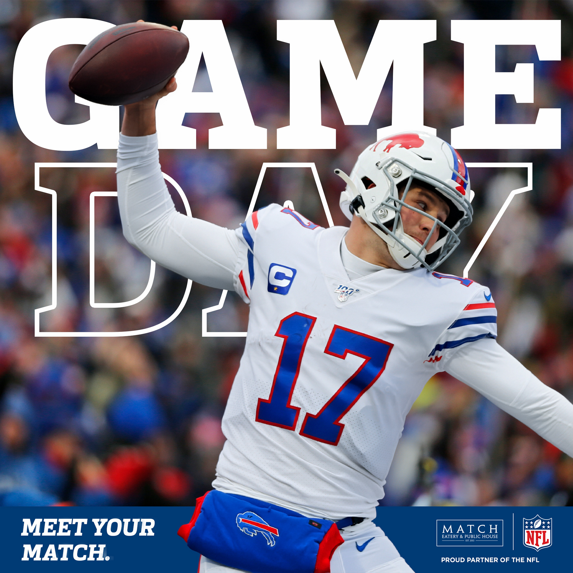 Buffalo Bills quarterback #17 mid-throw, "Game Day at Match" text overlay with Match x NFL partner logo