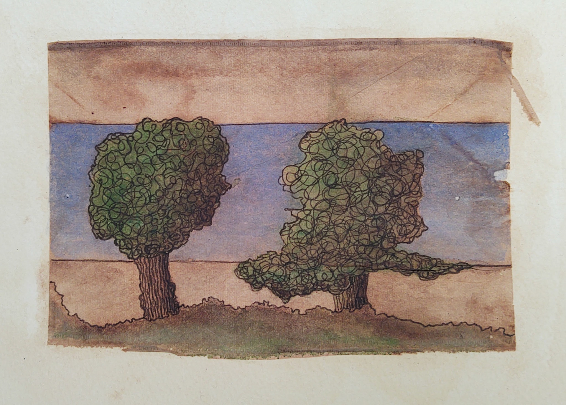 Two trees 2021, teabags, watercolour and pen