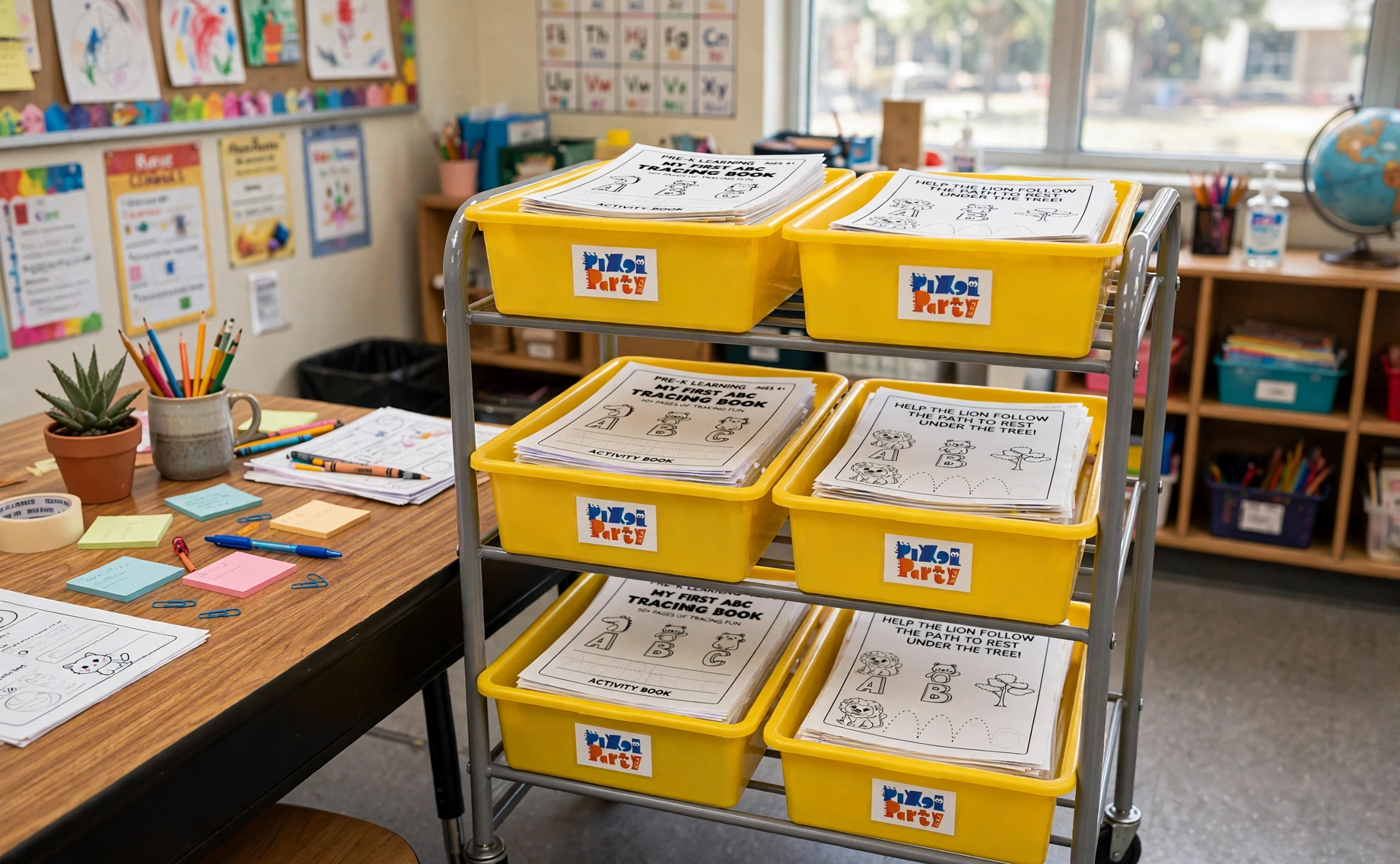 Pixel Party classroom display and worksheet trays