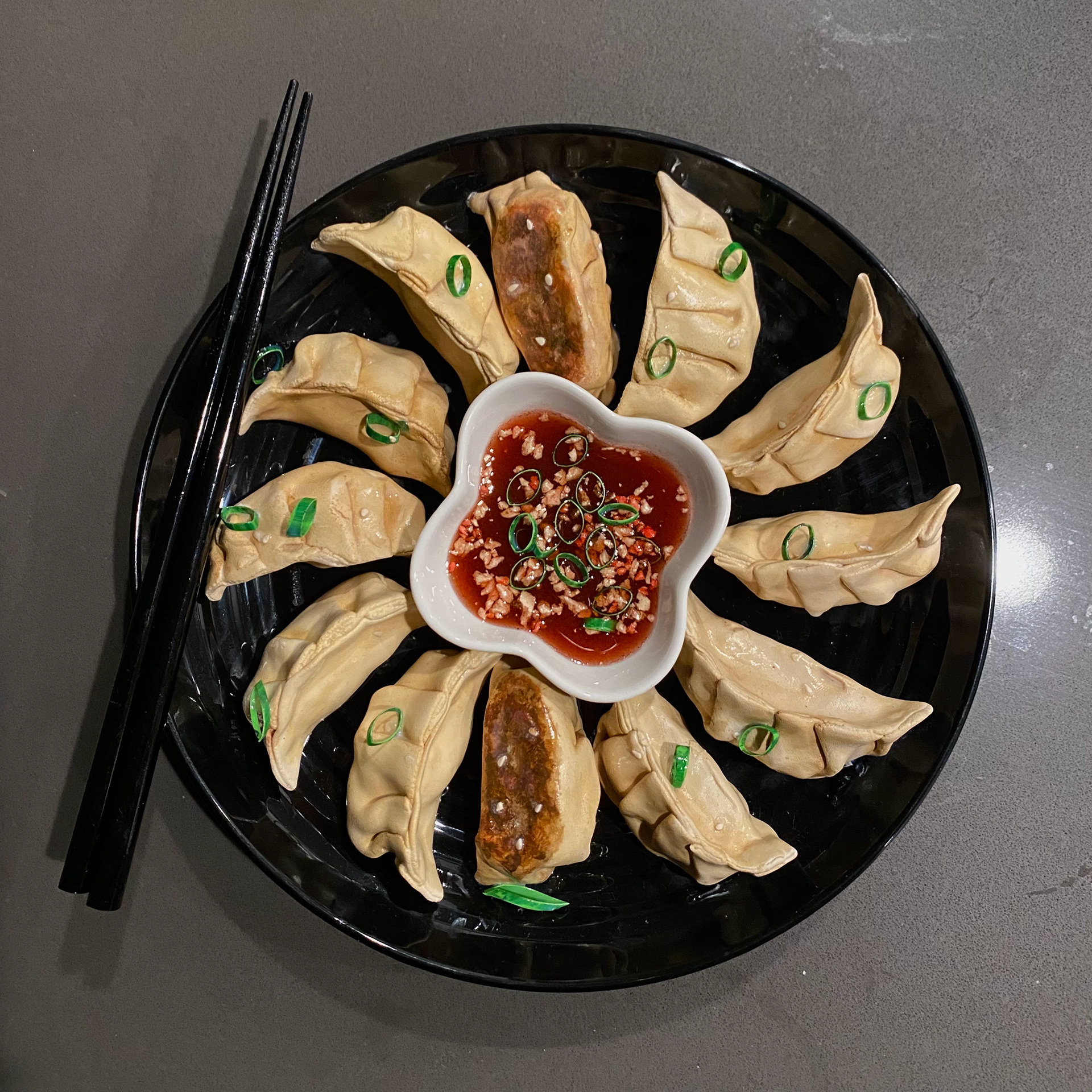 faux potstickers with chili sauce