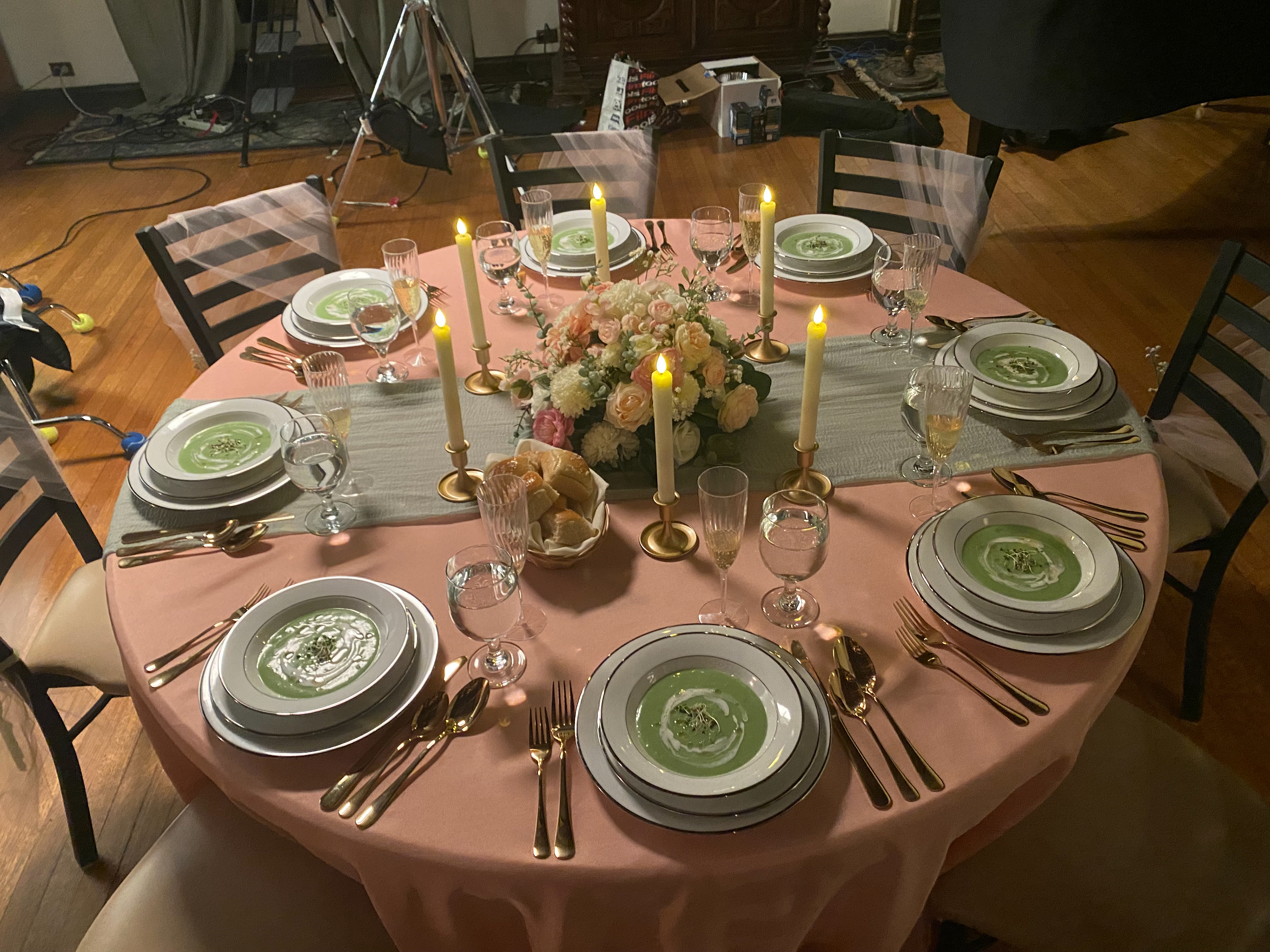 rehearsal dinner set dressing with prop english pea soup