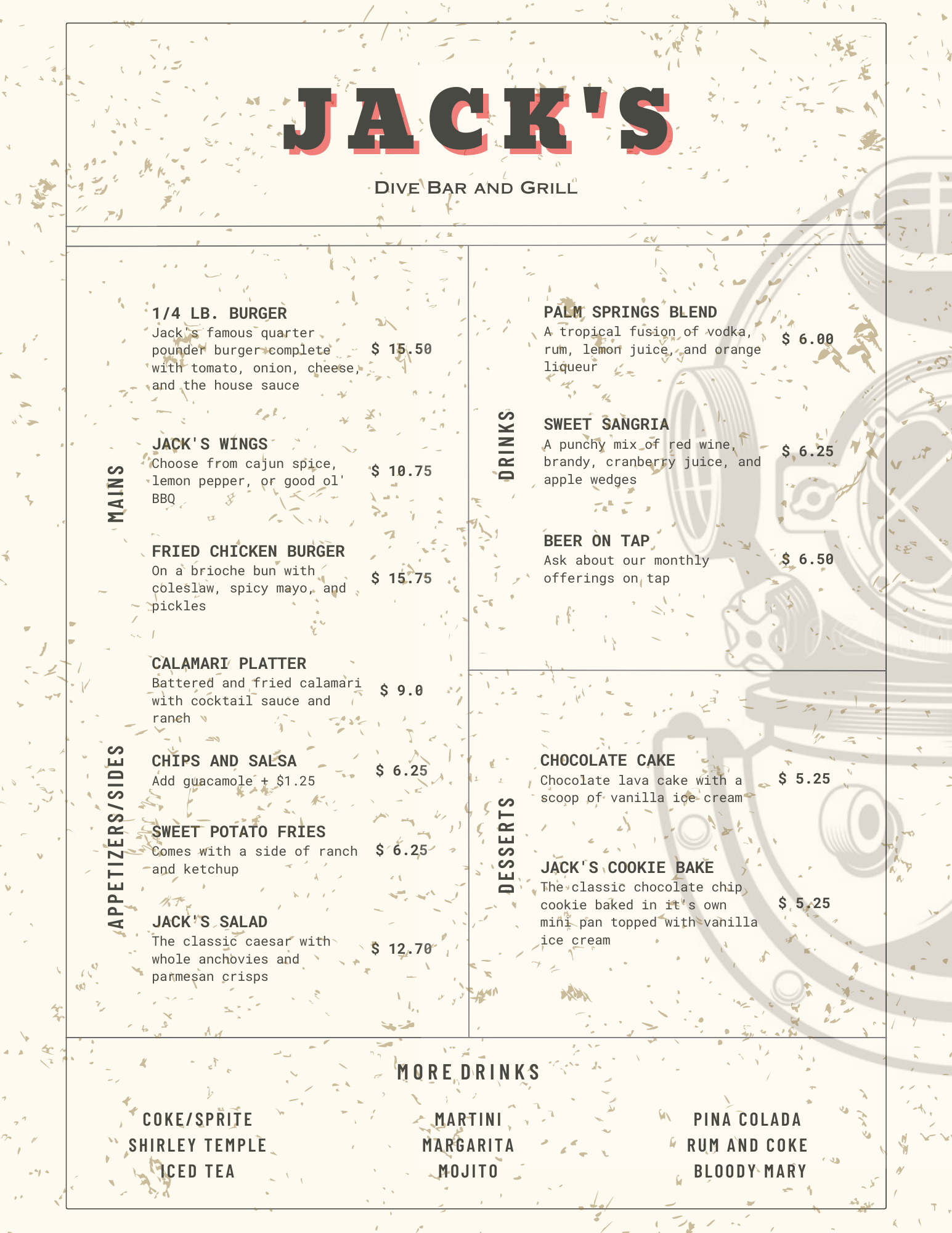 bar menu prop design