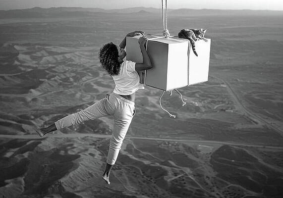 Suspended Reality the Weight of the Box. Surreal Metaphor by © Bob Orsillo - All Rights Reserved