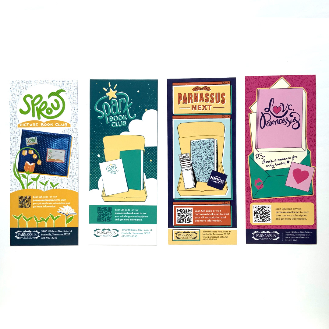Informational rack cards for Parnassus Books' subscription box clubs. In addition to the rack cards, I also designed the logos and aesthetics for each box