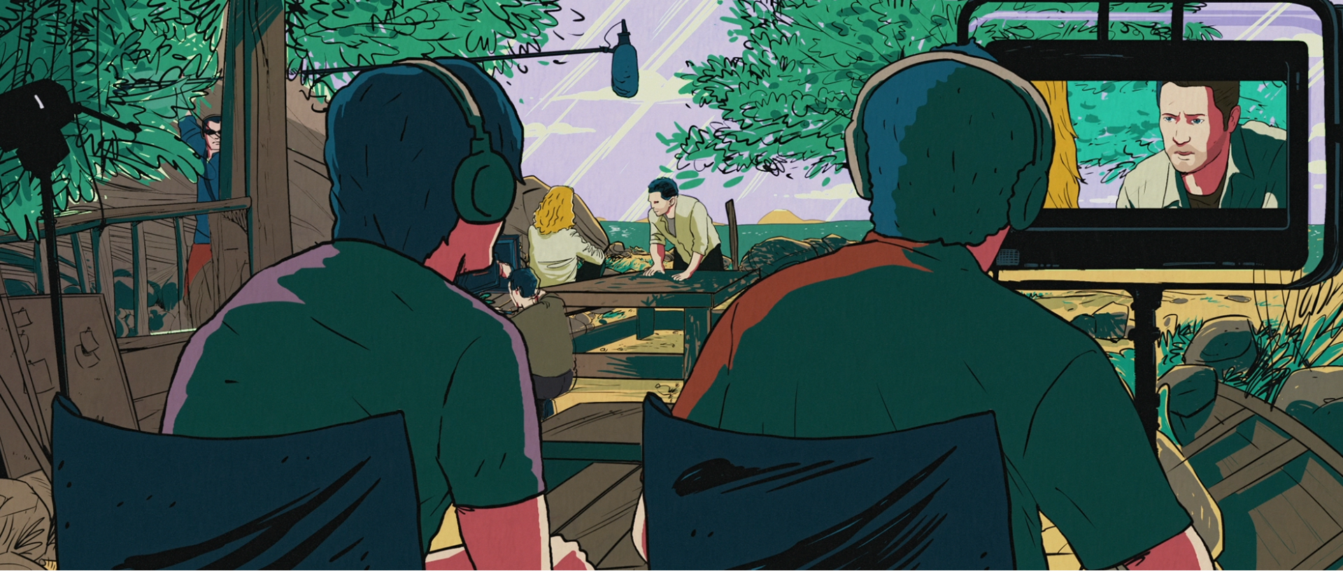 The comic book evolves throughout the film, starting as just sketches, then progressing to line art, clean-up, and finally reaching the coloring stage.