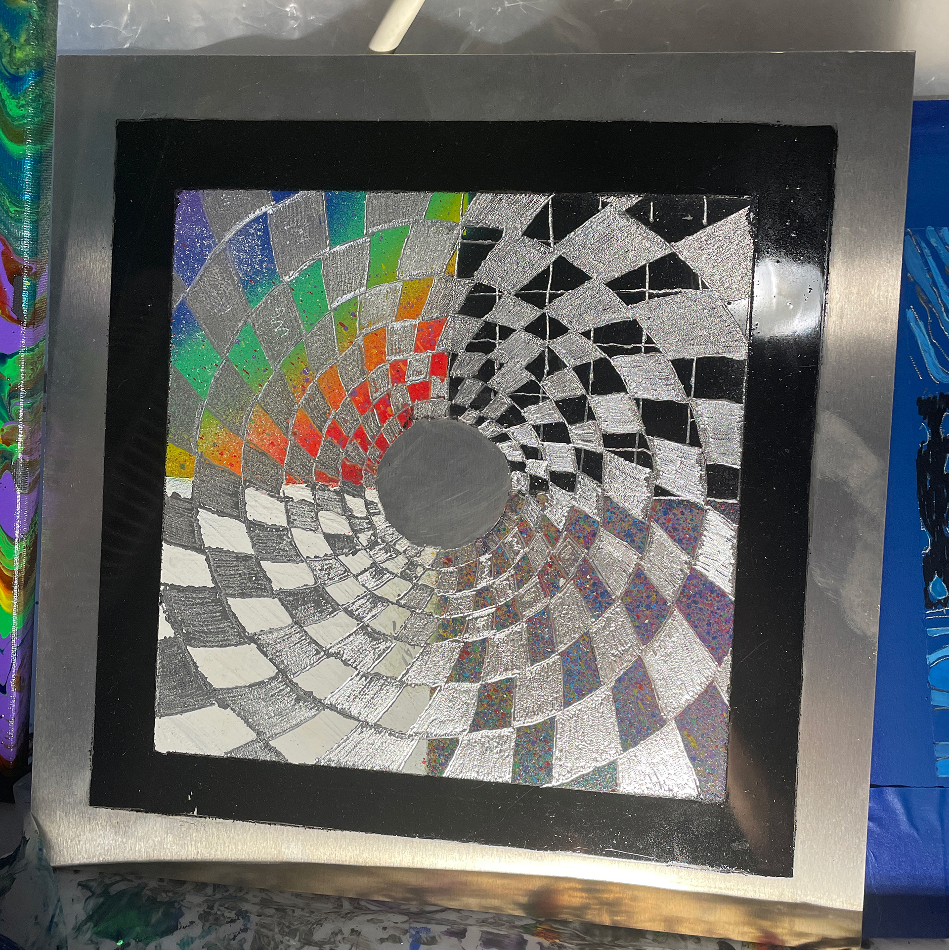 "Kalidescopic" 12x12 - engraving/ spraypaint (SOLD)