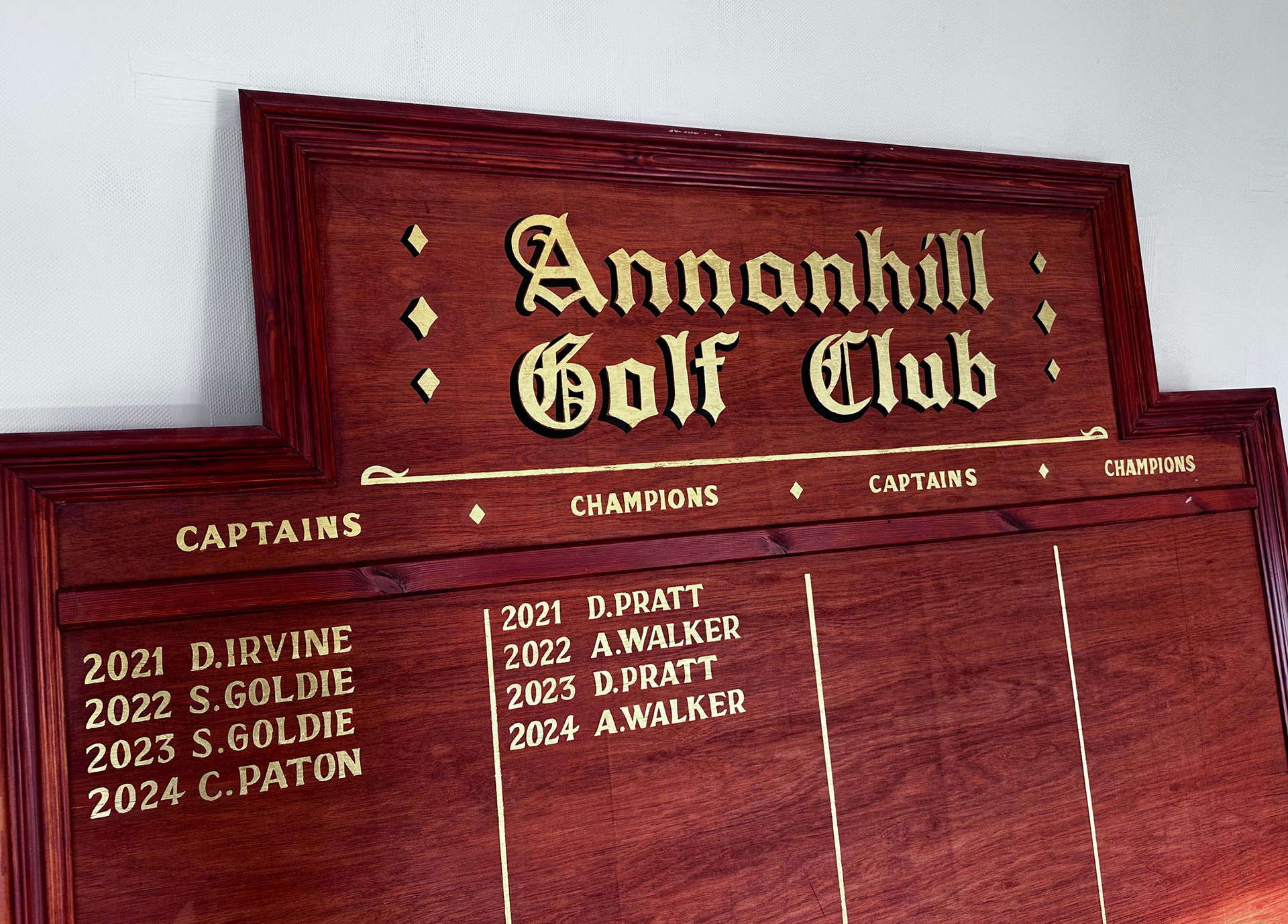 Board title and four years of name gilded by Rachel E Millar