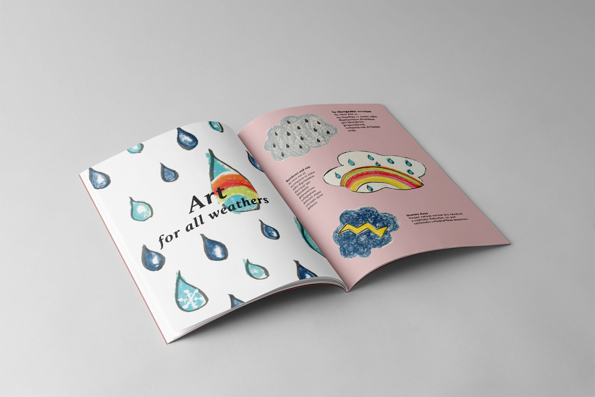 Colourful hand-drawn pastel and ink illustration of raindrops and rainbow clouds for a personal project about mindful art by Hannah Moshtael, editorial illustrator available for magazine commissions.