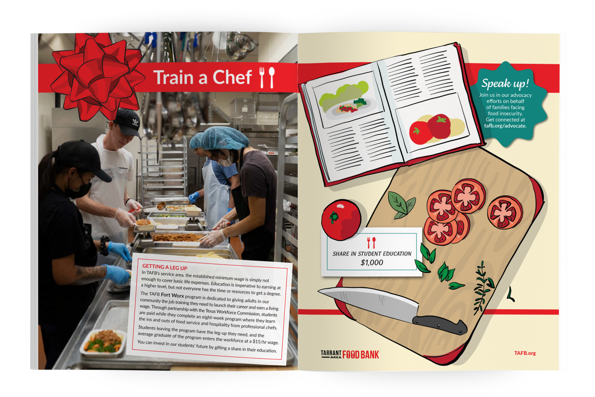 For TAFB’s Fort Worx culinary training program, I created a top-down kitchen illustration featuring tools, ingredients, and a cookbook. The design conveys skill-building and career opportunity, supporting a narrative about empowering adults to earn a living wage.