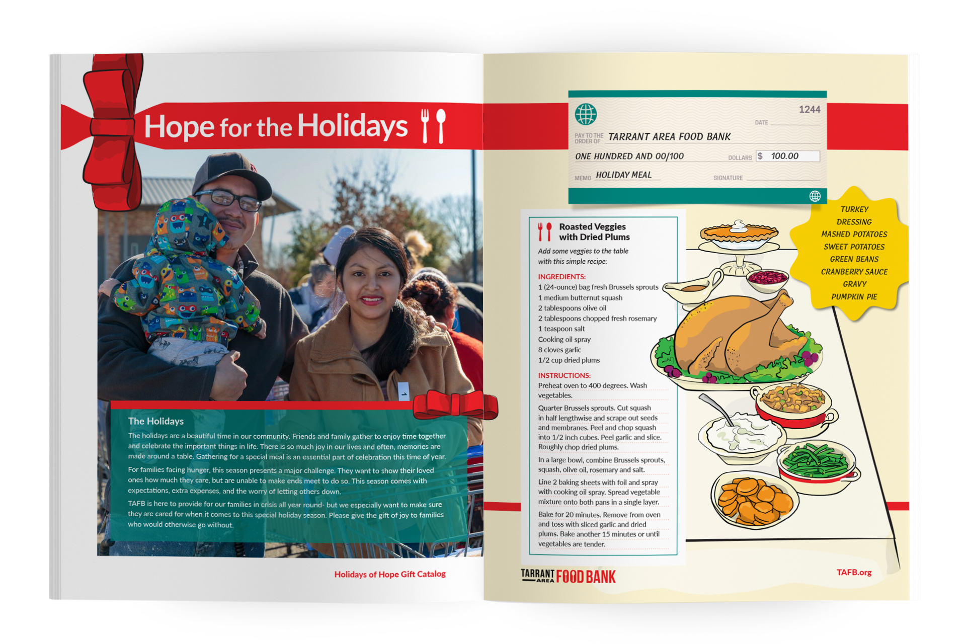 This spread blends a candid family photograph with a recipe and illustrated holiday table, creating an emotional connection to the seasonal meal donors can help provide. The layout focuses on warmth, tradition, and the comfort of gathering around food.