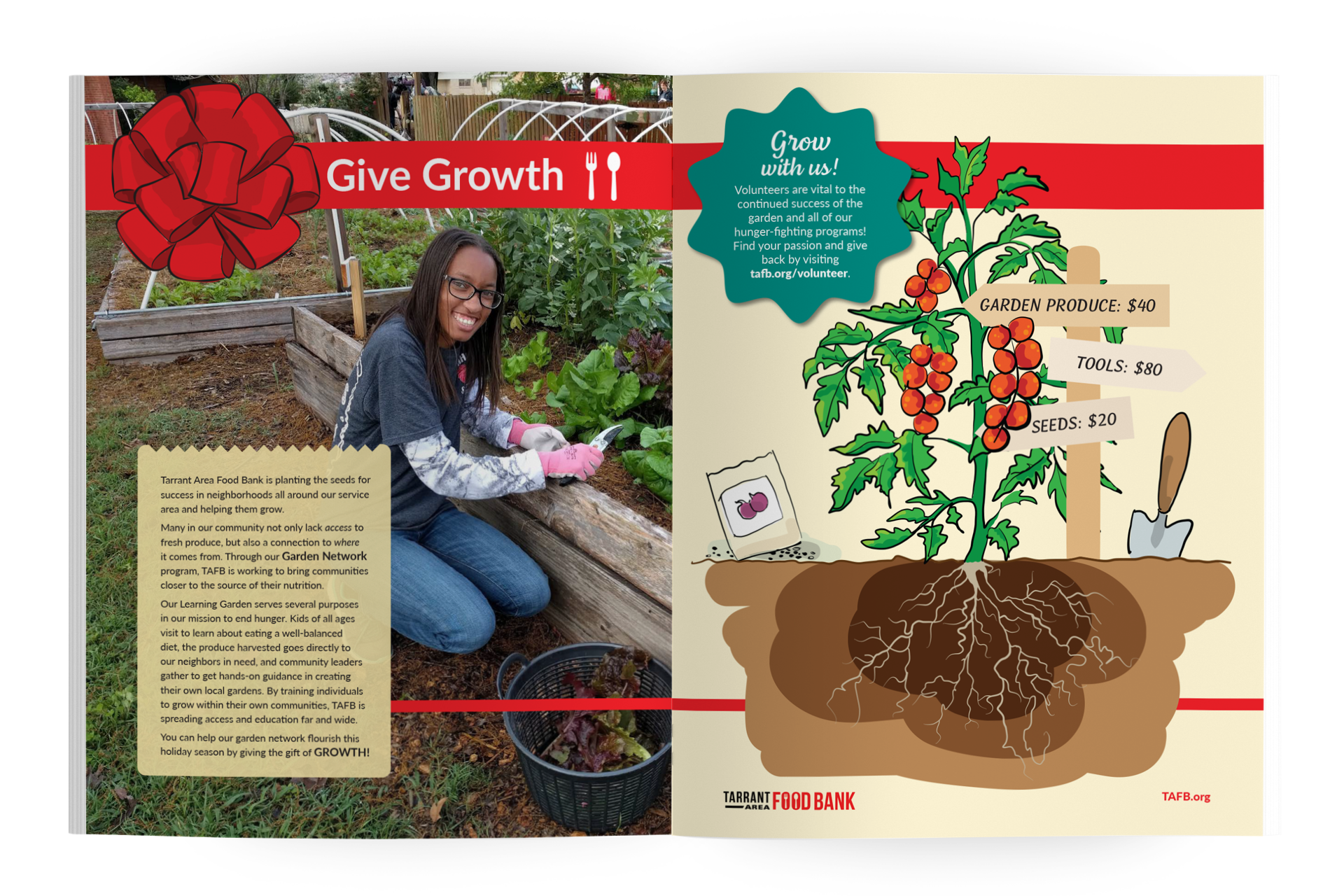 A hand-drawn garden illustration anchors this spread, showing how community gardens and education programs cultivate long-term access to fresh food. The design combines real garden photography with bright, inviting illustration to emphasize growth and possibility.