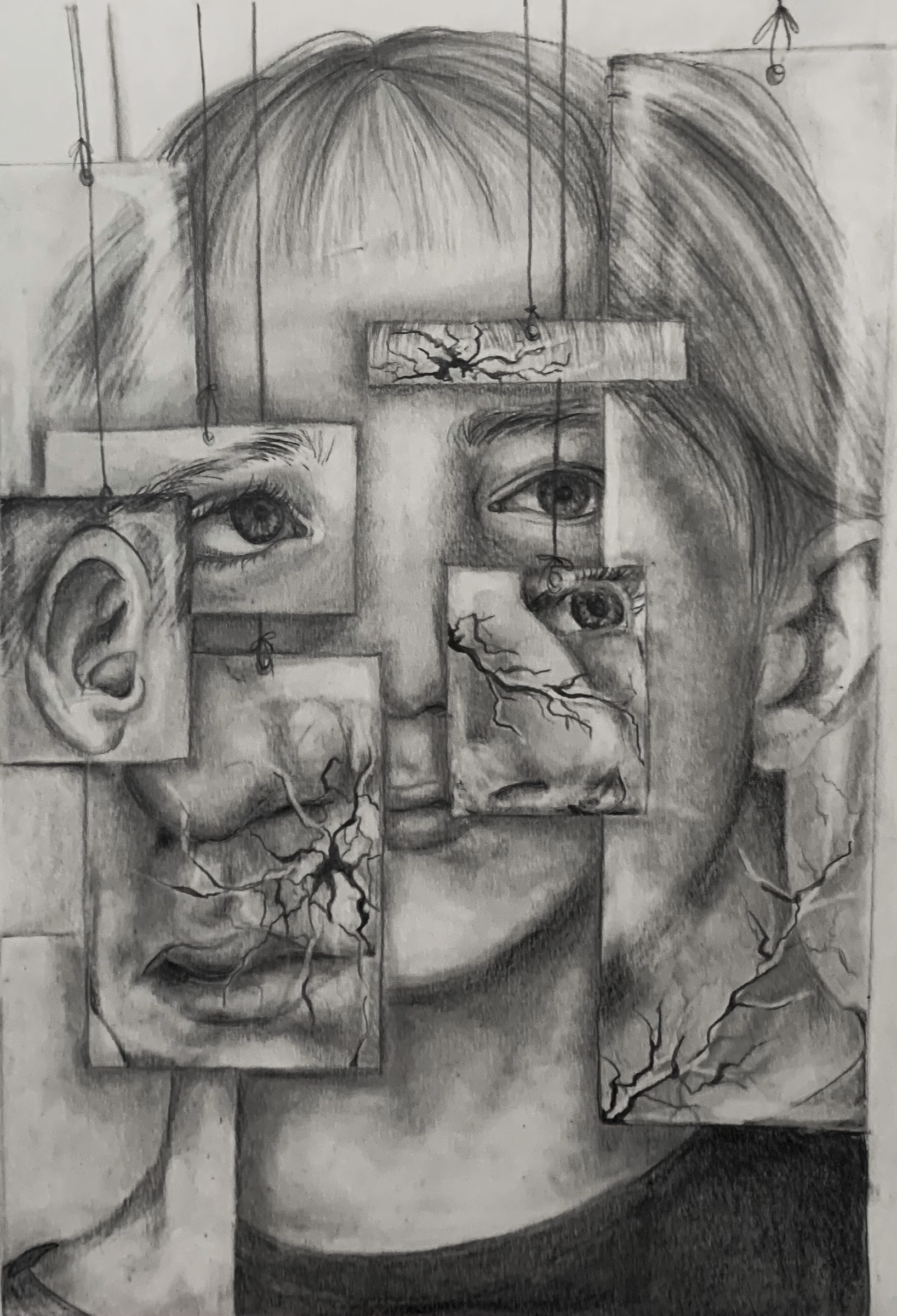 FRACTURED PORTRAIT. Graphite, 9in x 12in. 2021