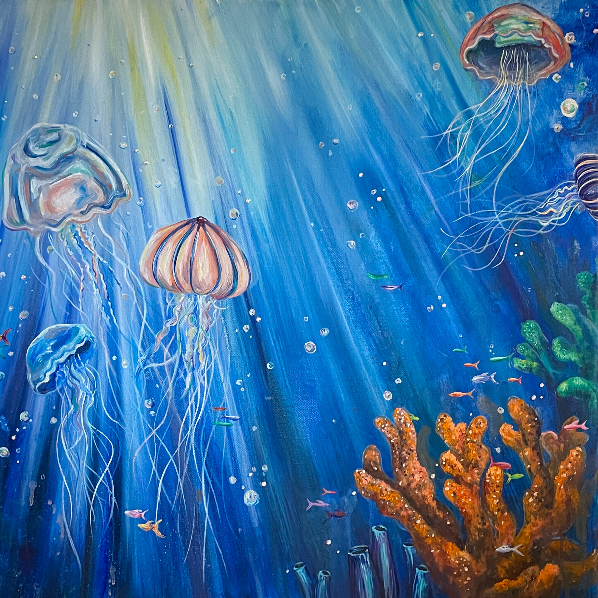UNDERWATER FANTASY. Oil paint, rhinestones, 18in x 18in. 2023