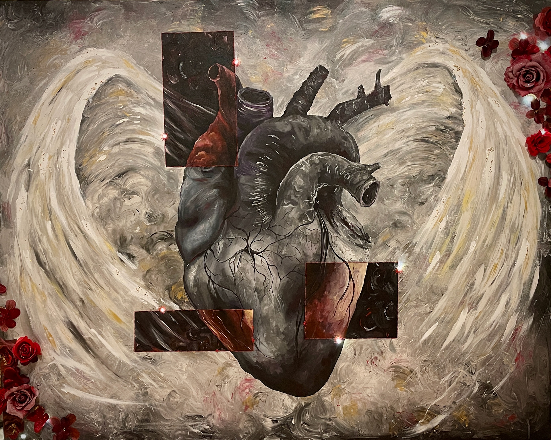 HEART SHAPED BOX. Large scale multimedia exploration. Acrylic paint, wiring, lights, thread, fake flowers, glitter, 60in x 48in. 2023