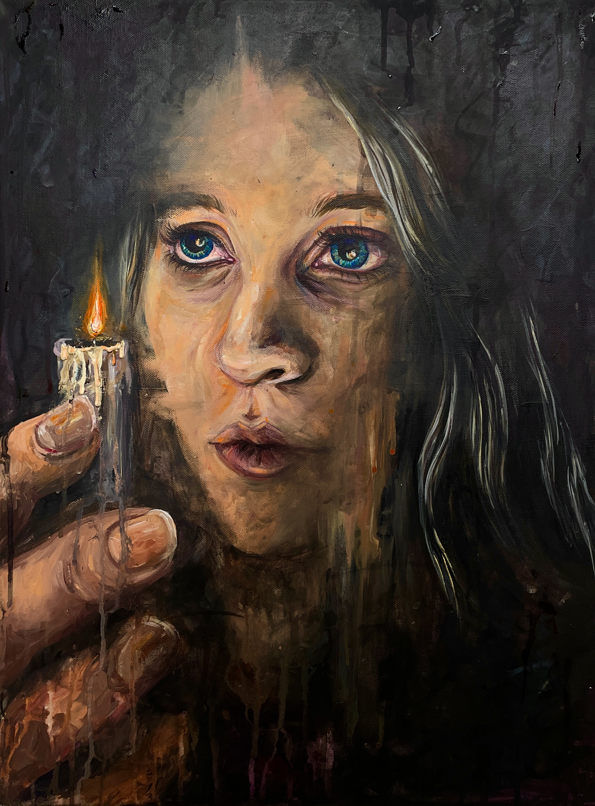 Abstract mixed media portraiture exploration. Acrylic paint, wax, colored pencil, 24in x 18in. 2023