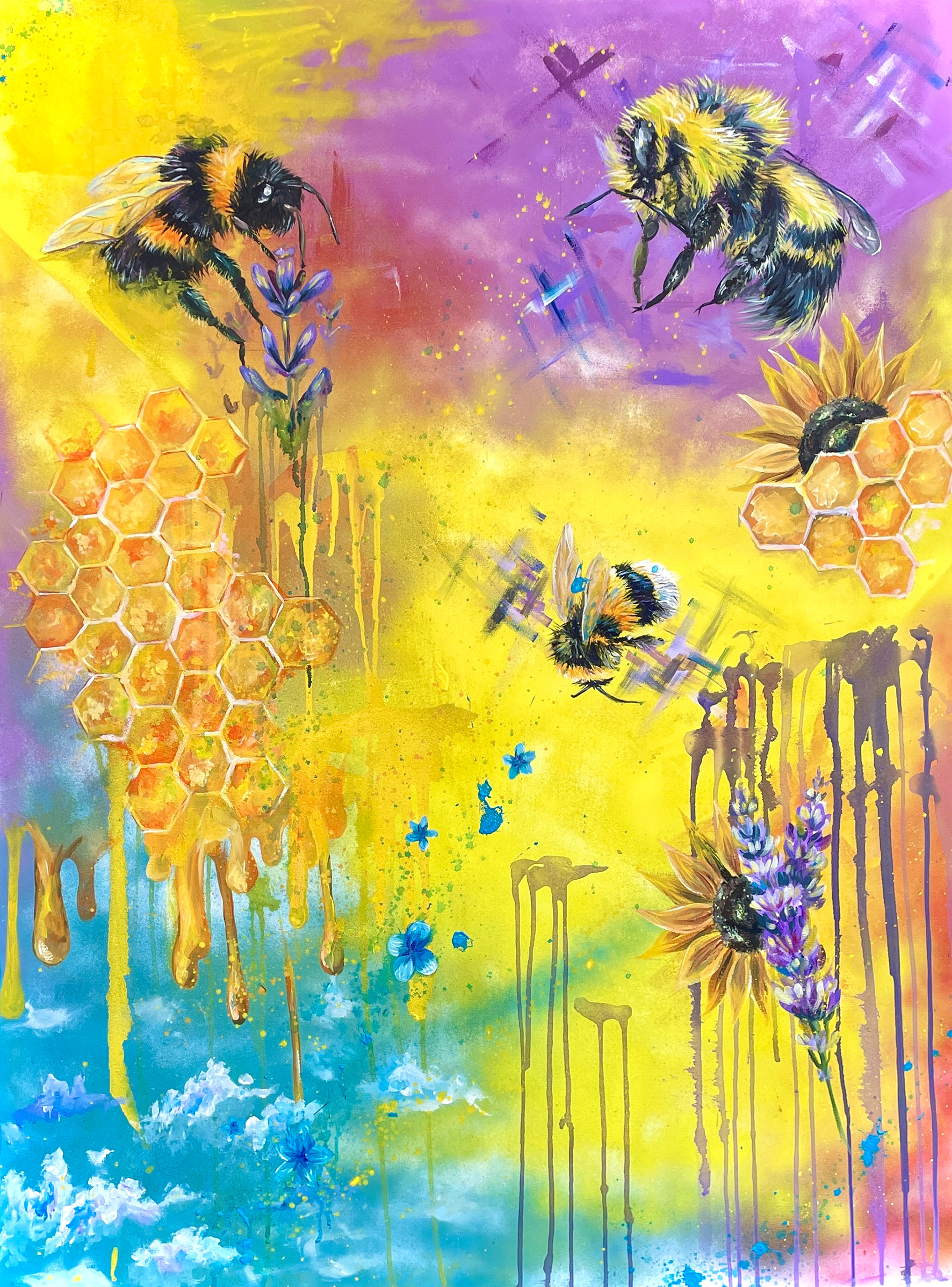HONEYBEE. Realism x abstraction exploration. Acrylic paint, spray paint, 36in x 48in. 2022