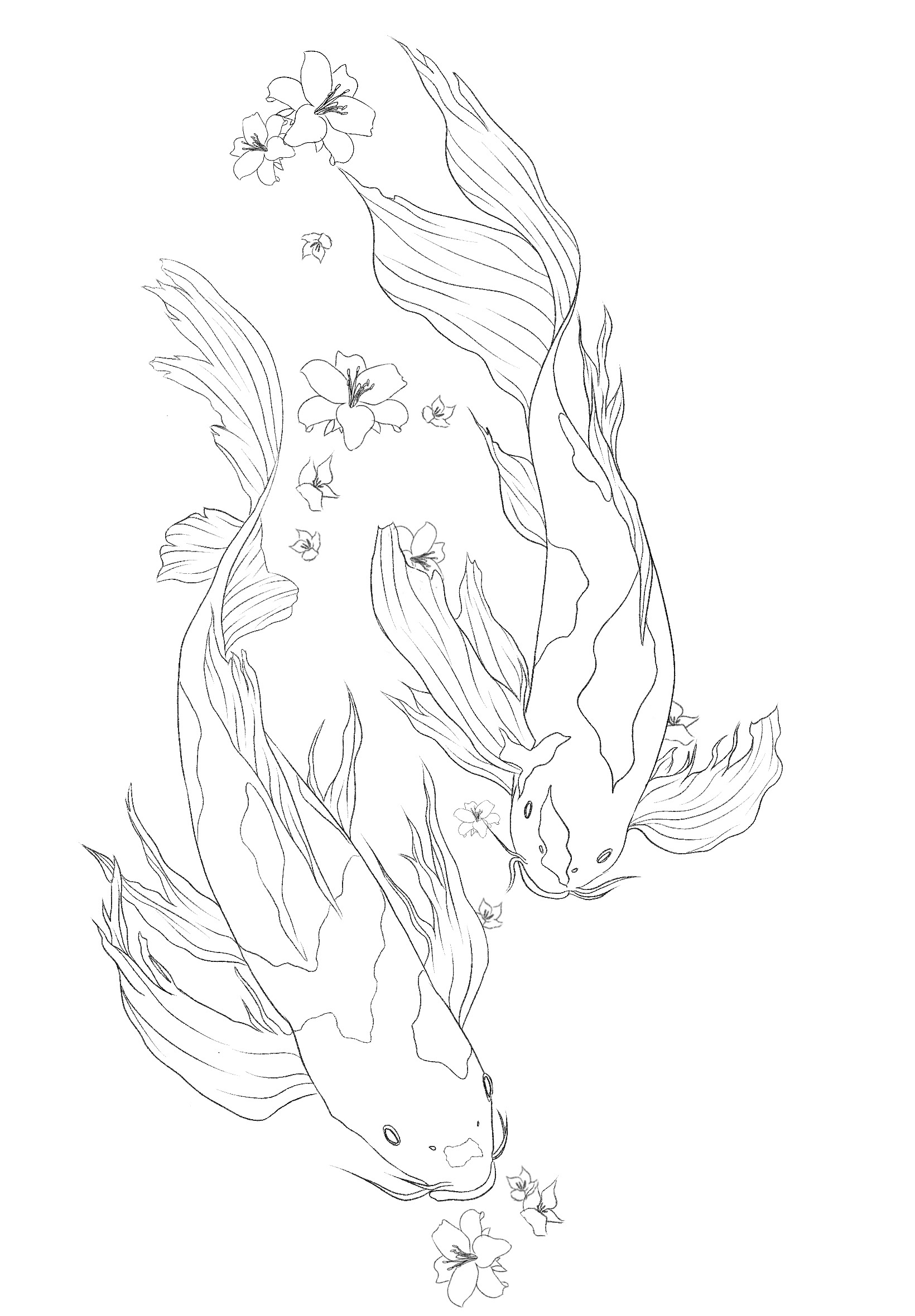Description given: Two Koi fish swimming down with a small addition of floral elements.