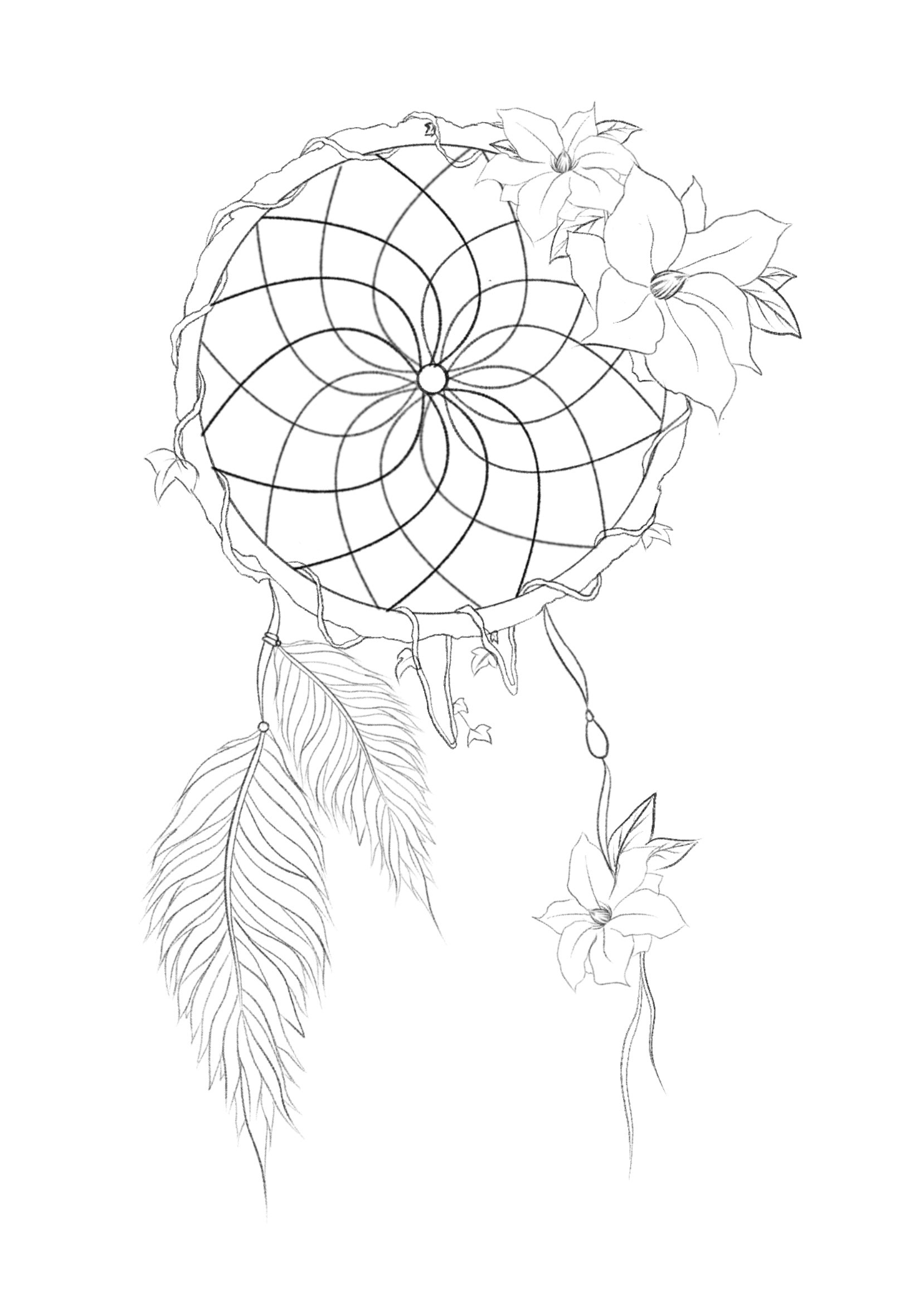 Description given: A floral dreamcatcher with an addition of feathers.