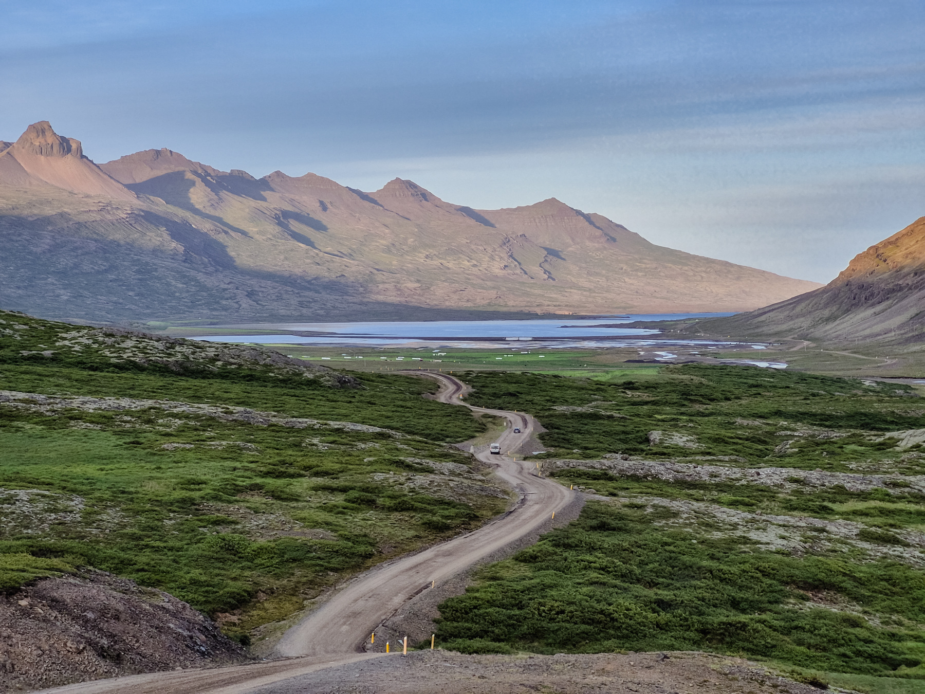 Gravel road with 17% steep roads, up and down, Eastfjords, Iceland, July 2025