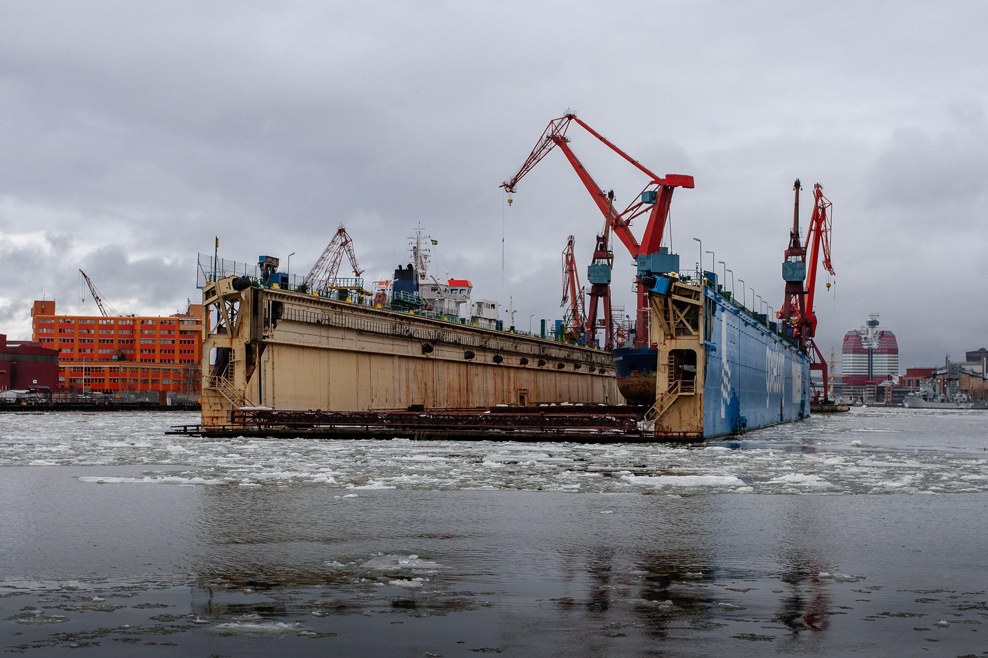 A Damen Shipyards floating dry dock in the Gothenburg harbour, February 2012.