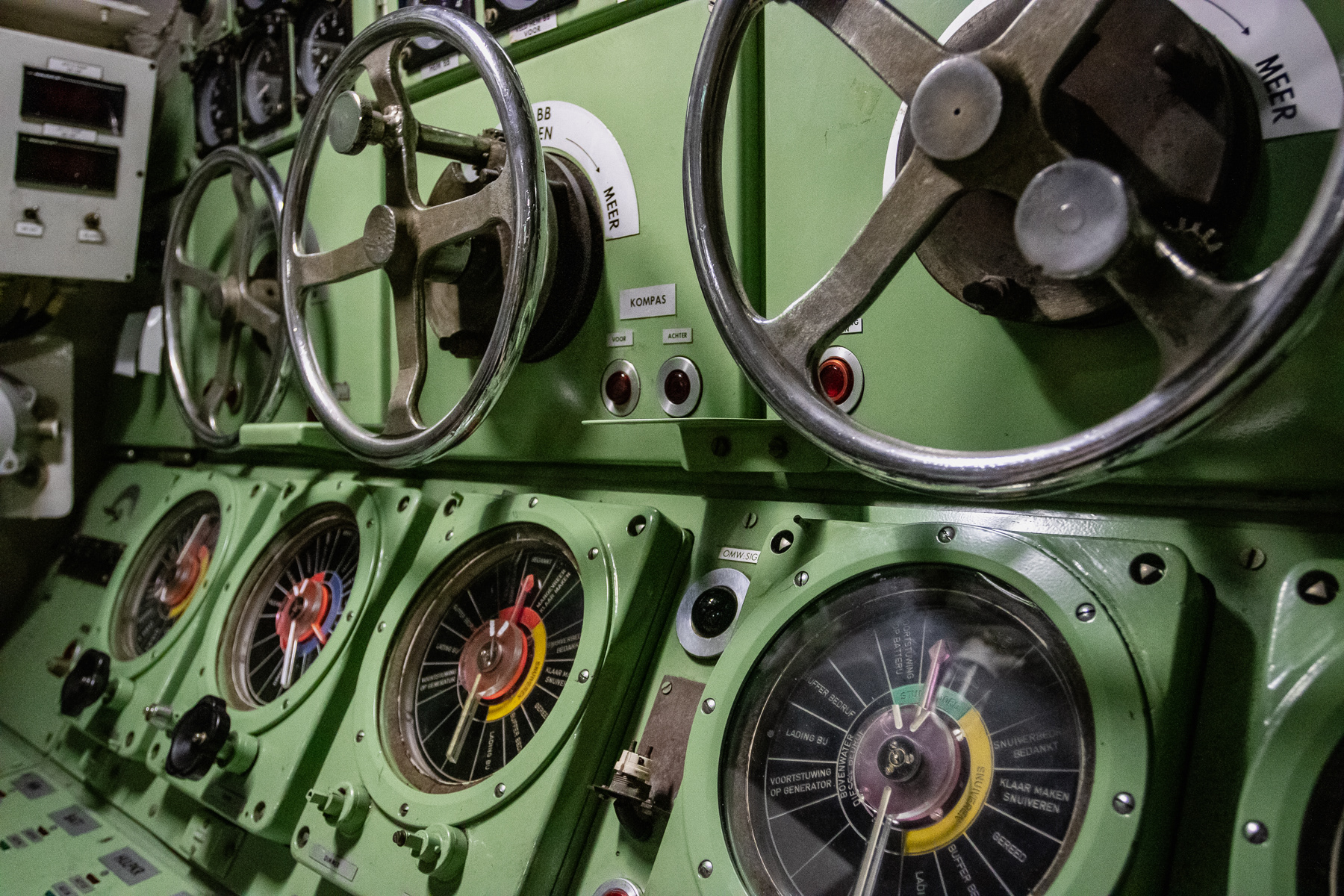 Engine, propulsion, battery and generator controls in the control room of the Tonijn.