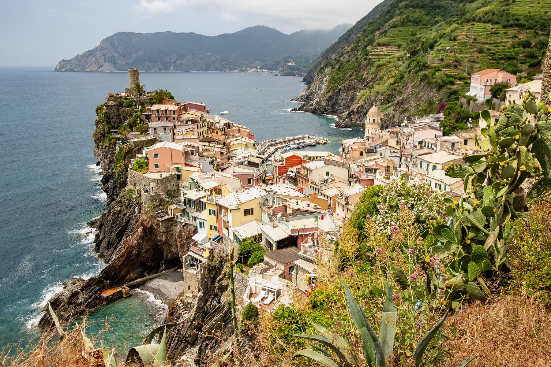 View to the north at Vernazza and - in the far distance - Monterosso al Mare.