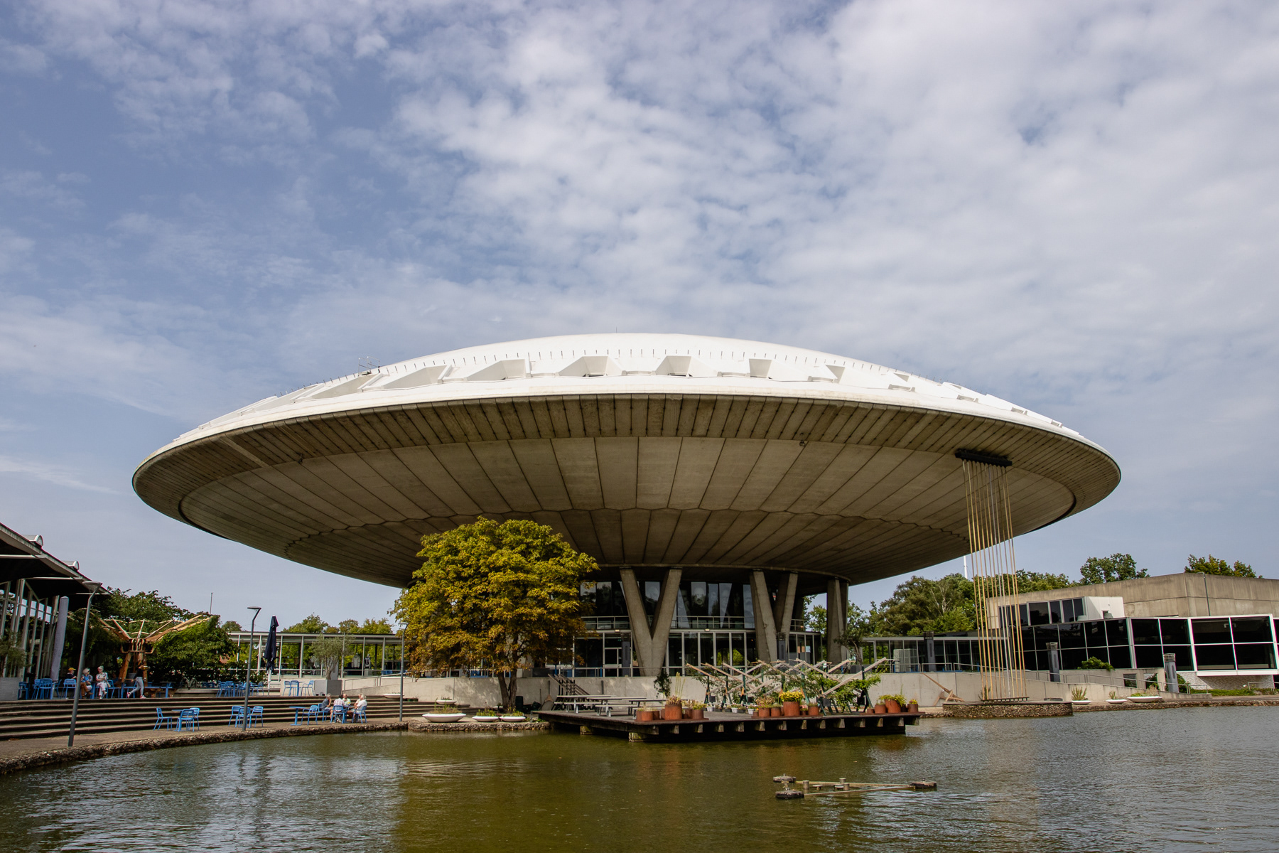 The Evoluon seen from the south with the pond in front.