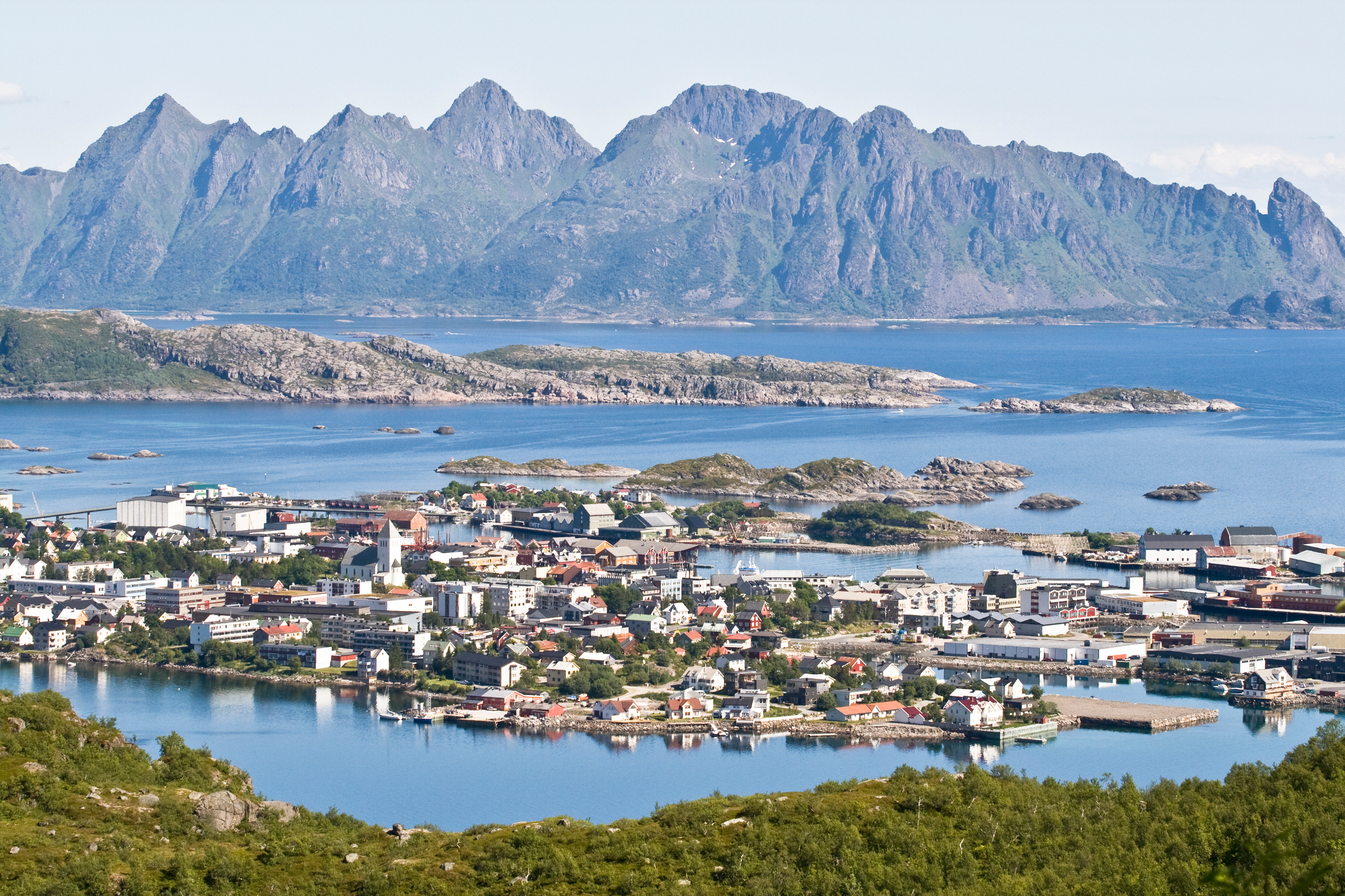 The town of Svolvaer seen from halfway up a hill in Osan.