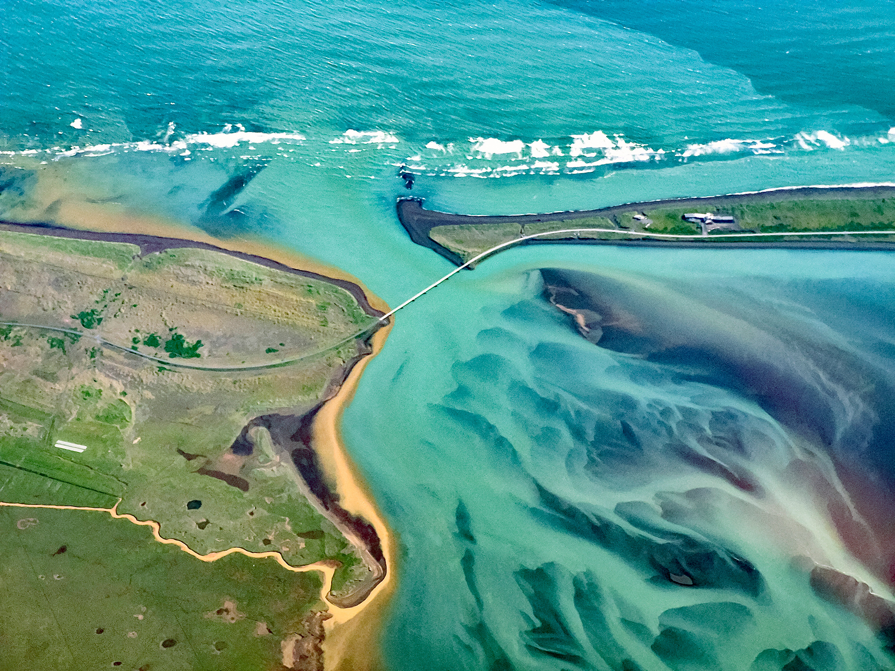 The Ölfusá river estuary and the bridge of road 34, Suðurland, Iceland.