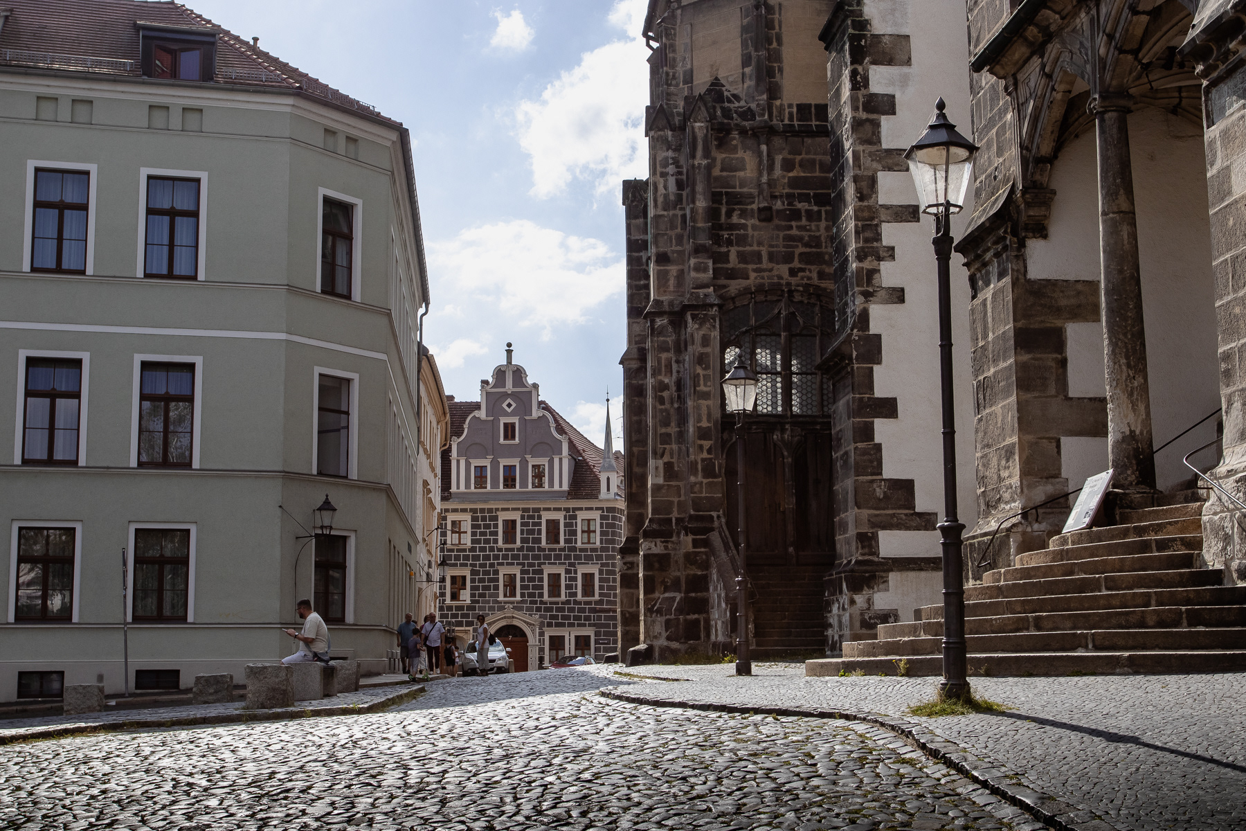 View east at the small square in front of the St. Peter and Paul Church in Görlitz