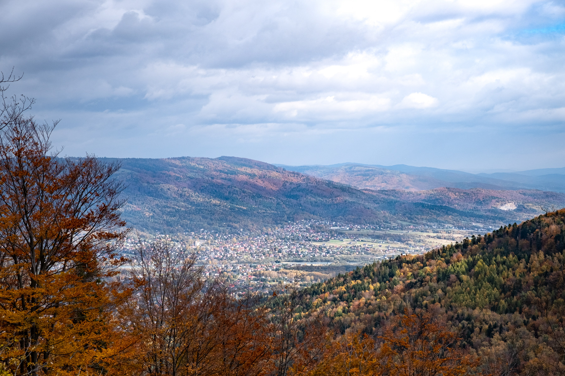 View at Bielsko-Biała from near the lower Szyndzielnia top and its "schronisko" (restaurant/shelter), October 2021.