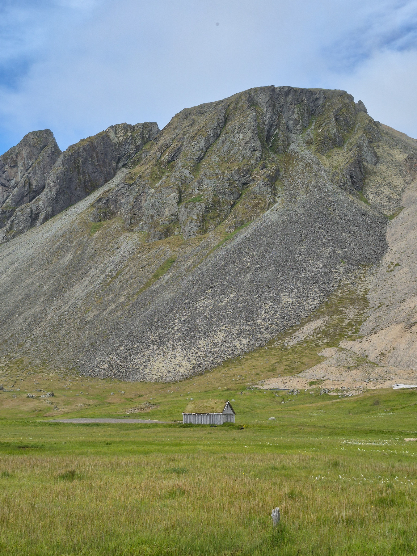 A lone wooden storage, covered with grass.