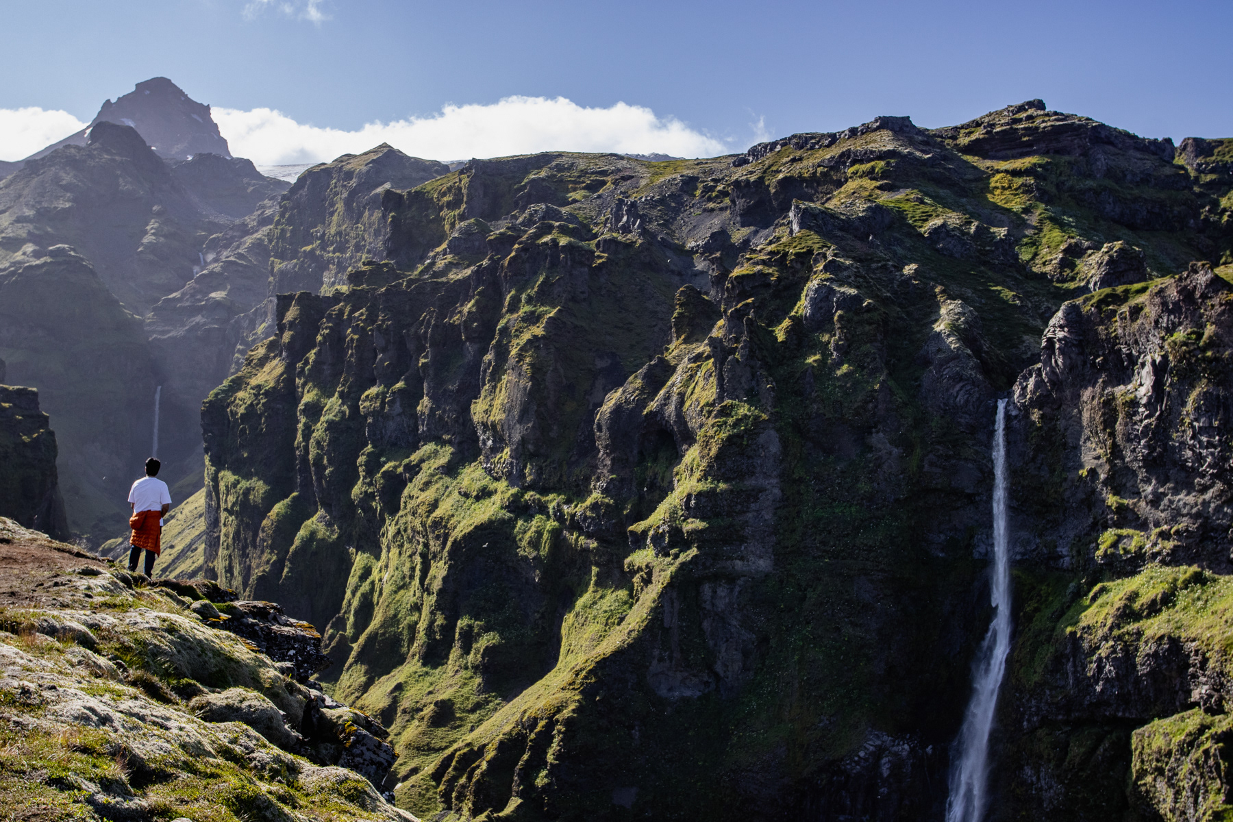 Waterfalls right and forward in the canyon.