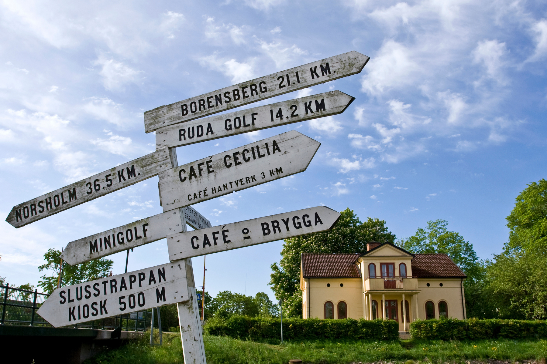 Road signs at the bicycle path adjacent to the Göta Canal (Kanal) near Berg, close to Linköping, Östergötland, Sweden (Sverige), July 2007.