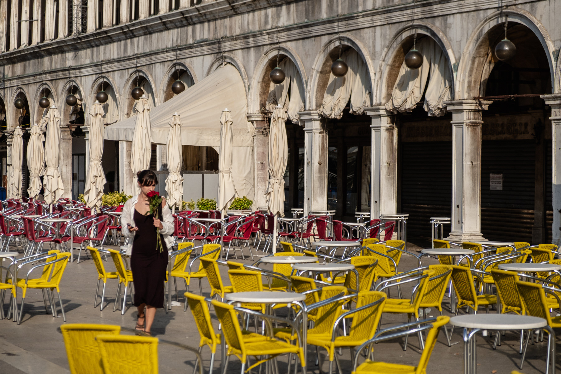 A lady with red roses making her way through San Marco square, July 2023.