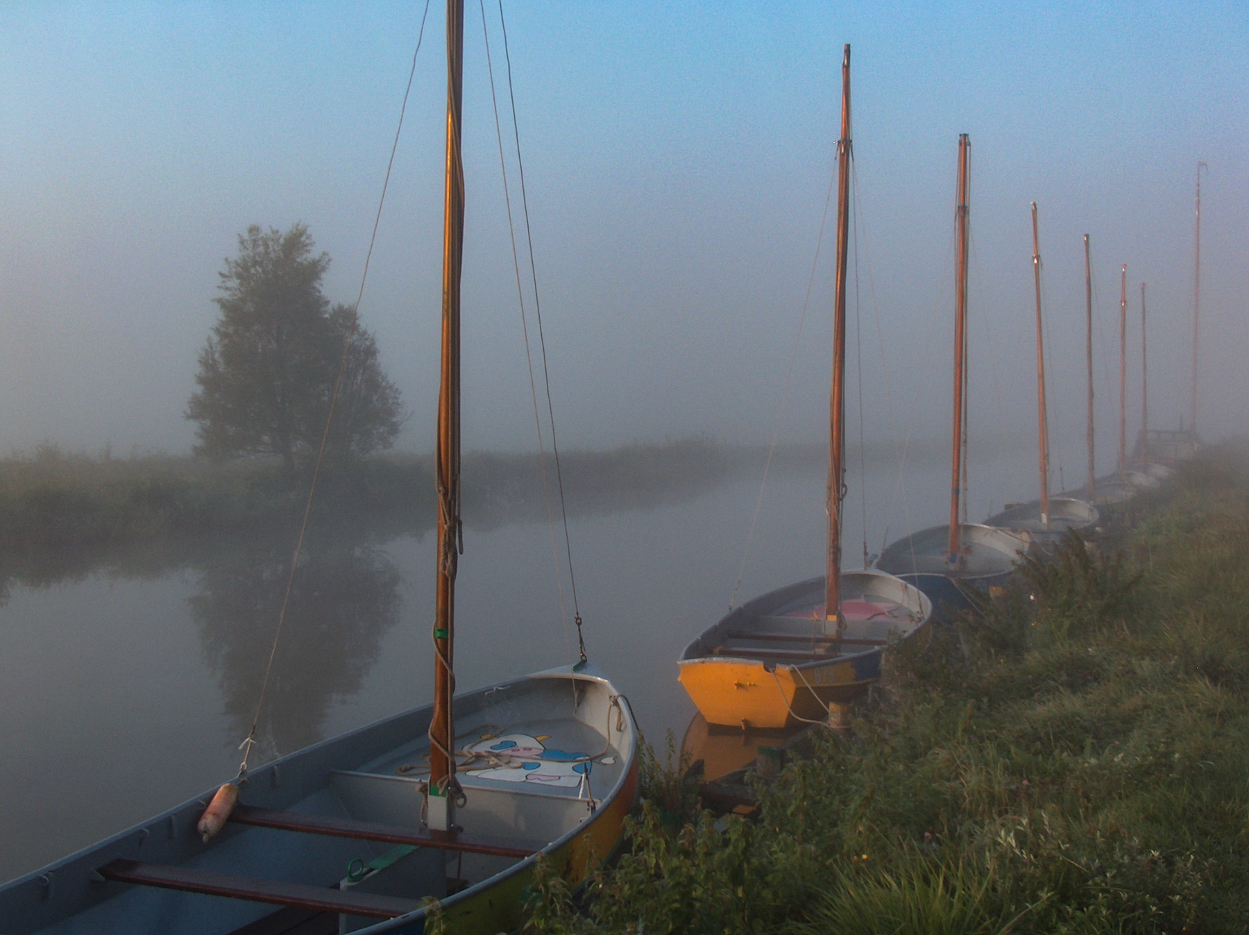 A row of small sailing boats lined up at the shore of the canal.