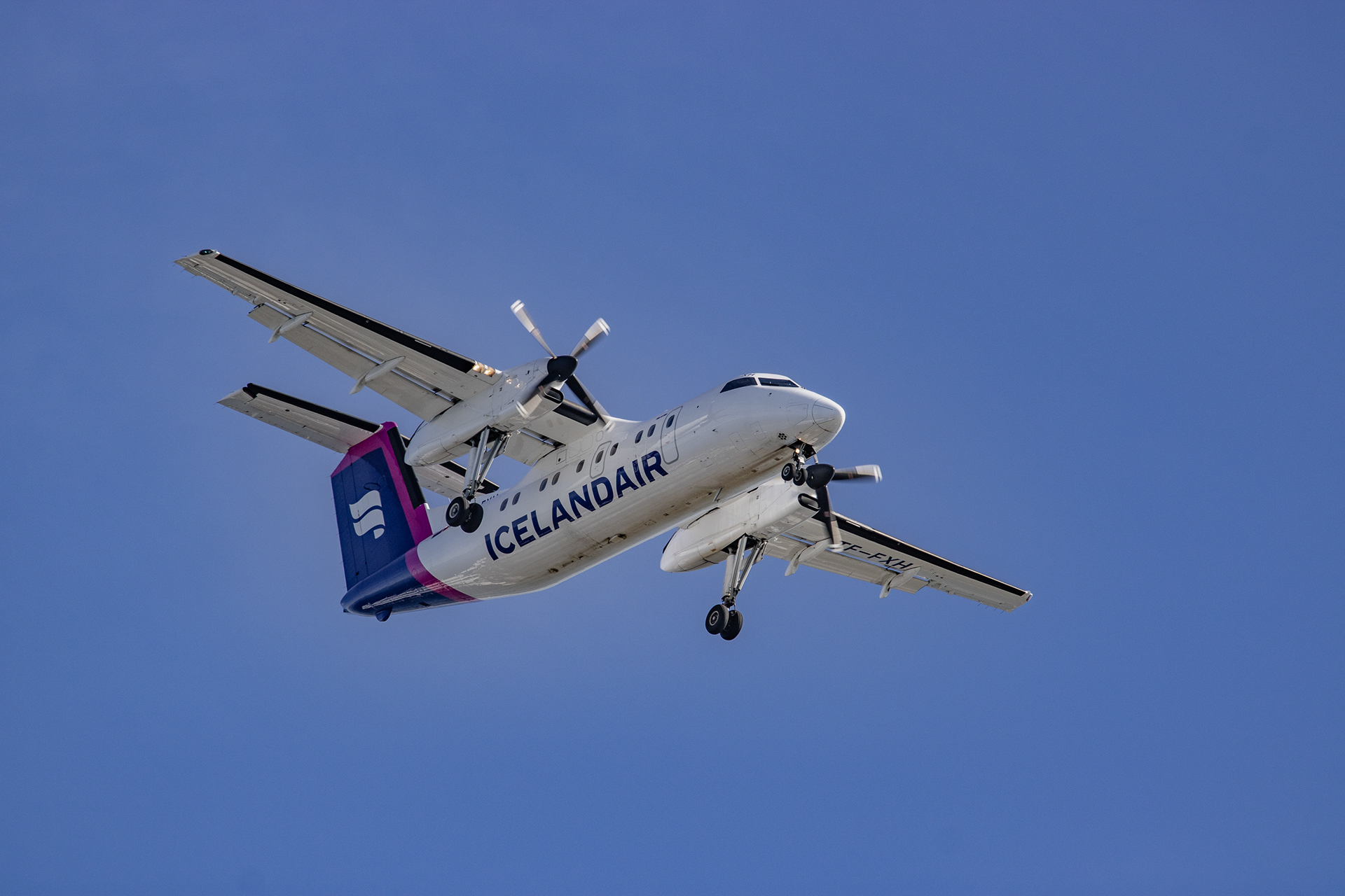 Icelandair De Havilland Canada (Bombardier) DHC-8-200 with registration TF-FXH on final approach to Reykjavik Domestic Airport, Iceland
