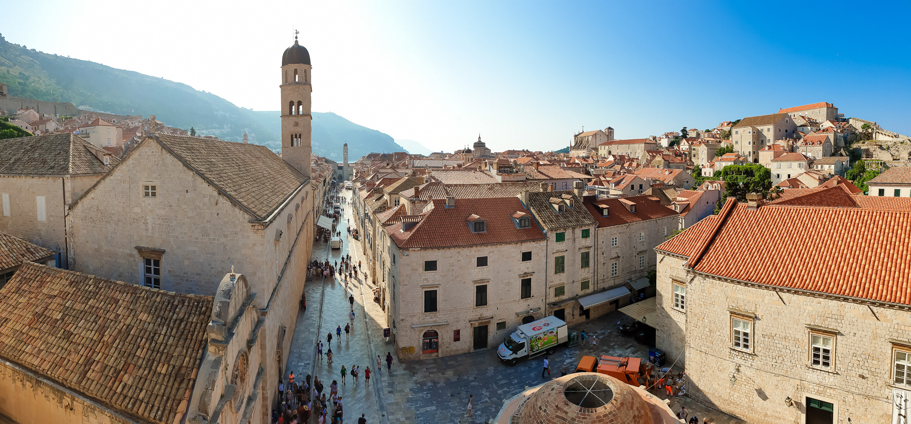 View at the old town of Dubrovnik from its city walls, July 2019.