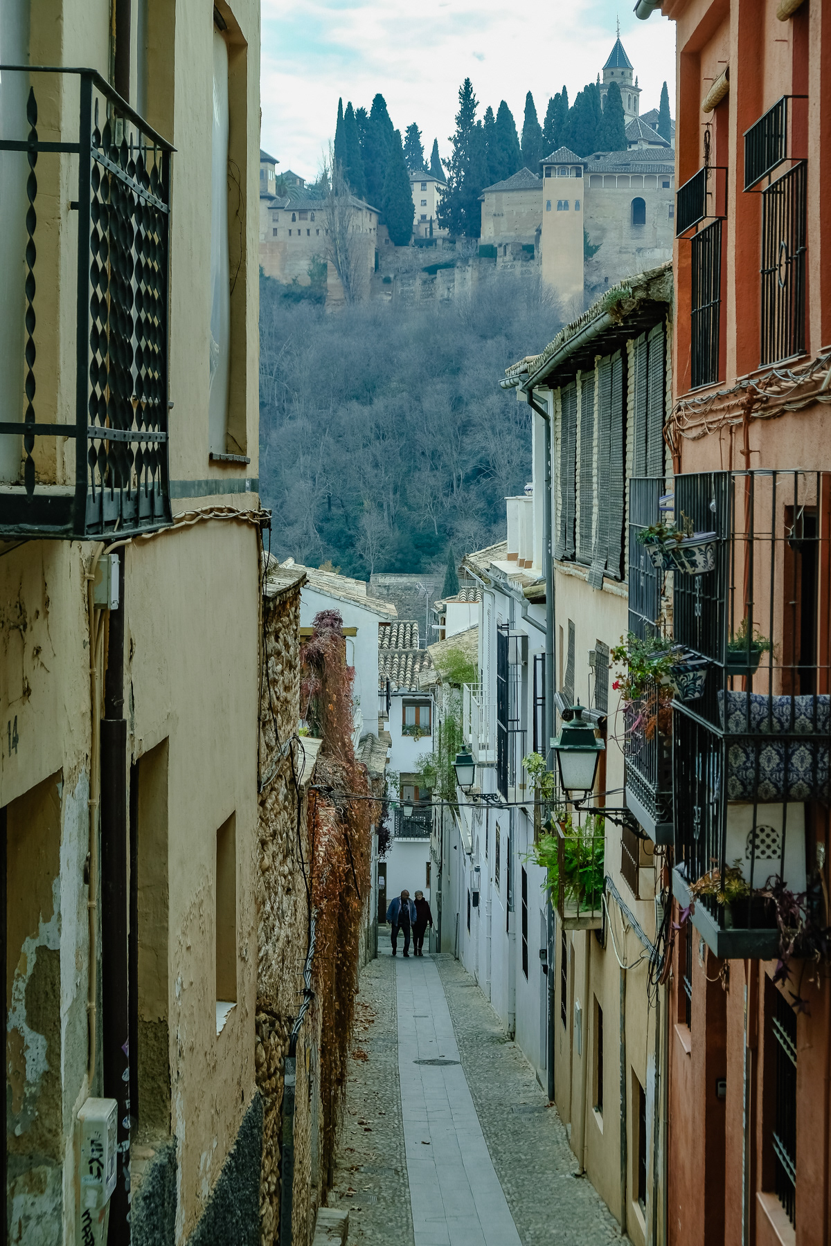 View at the Alhambra from one of the narrow streets in the Albaicín area.