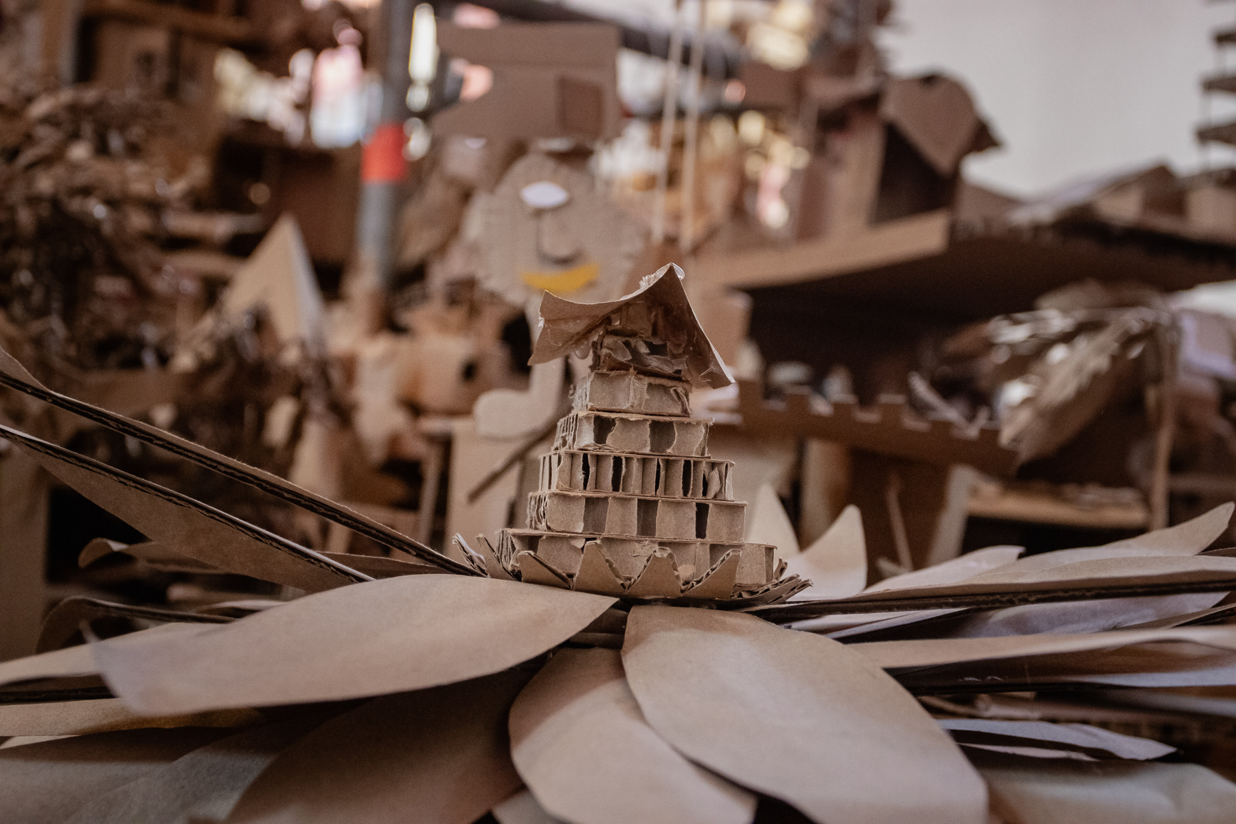 Carton constructions turned into futuristic cities by children and adults.
