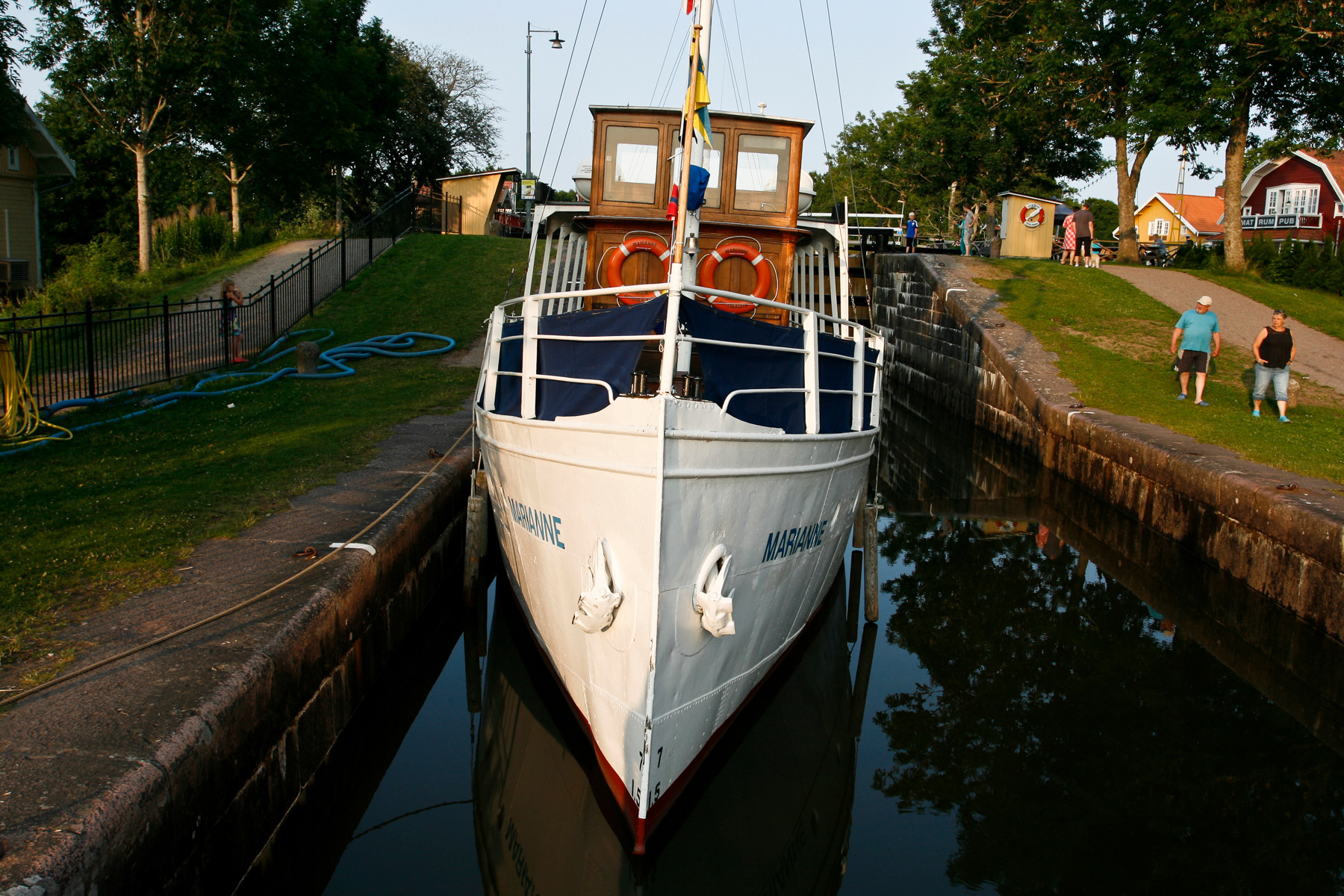 Boat Marianne at the locks of the Göta Kanal (Göta Canal) in Sjötorp at lake Vänern, Västergötland region, Sweden (Sverige)., July 2013.