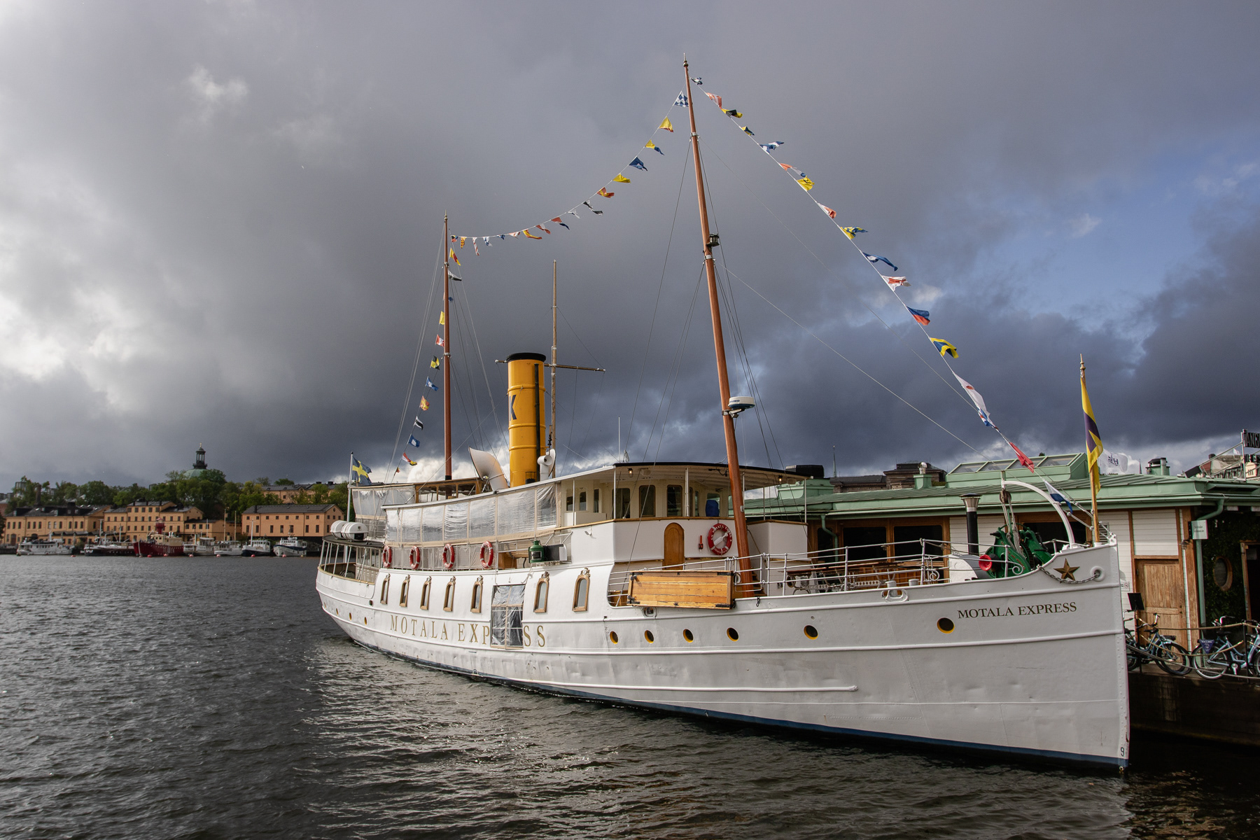 A stroll over Strandvägen takes one passed by many historic boats. The Motala Express seen here in September 2025.